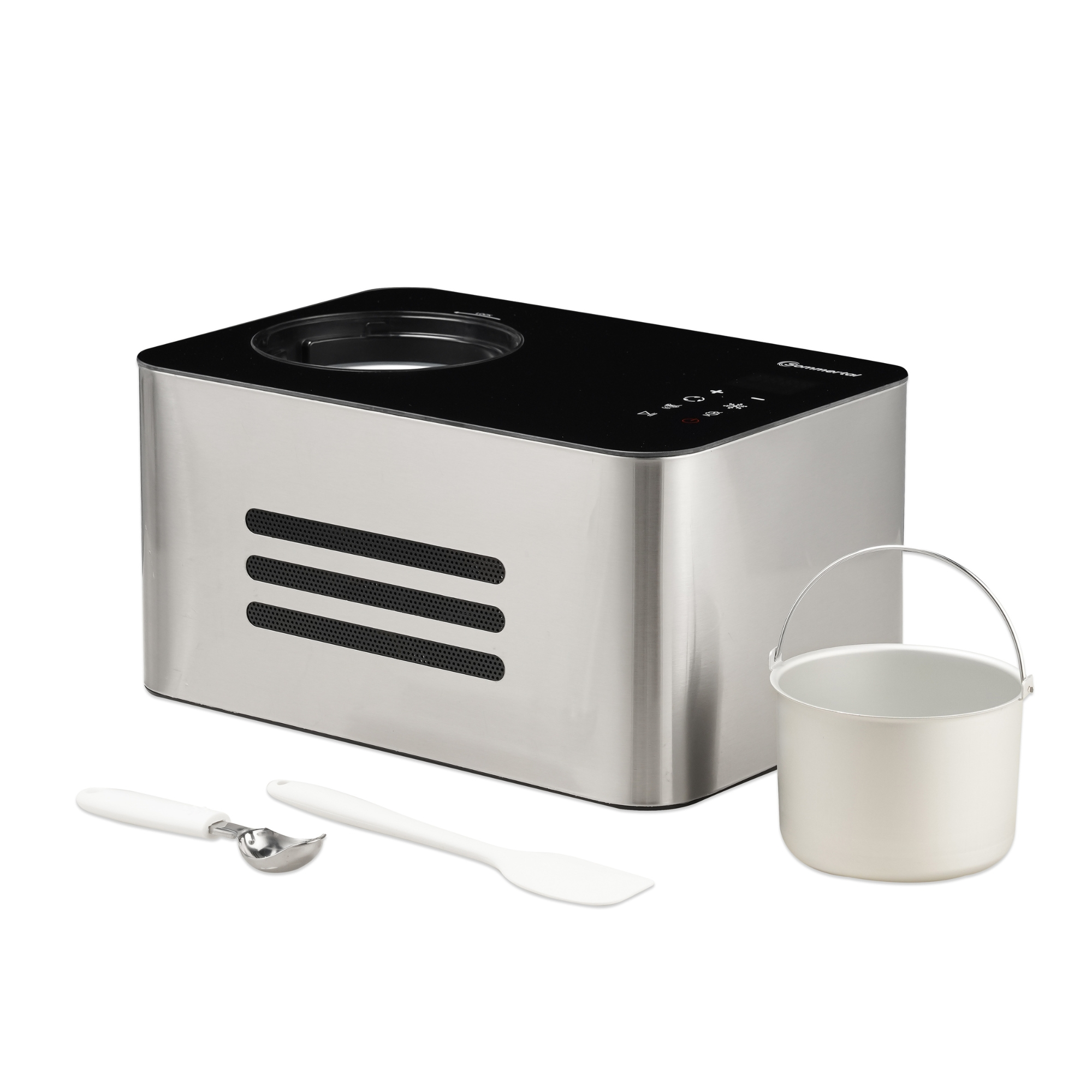 Silber-schwarze Eismaschine mit Zubehör: Eislöffel, Spatel und Eimer.