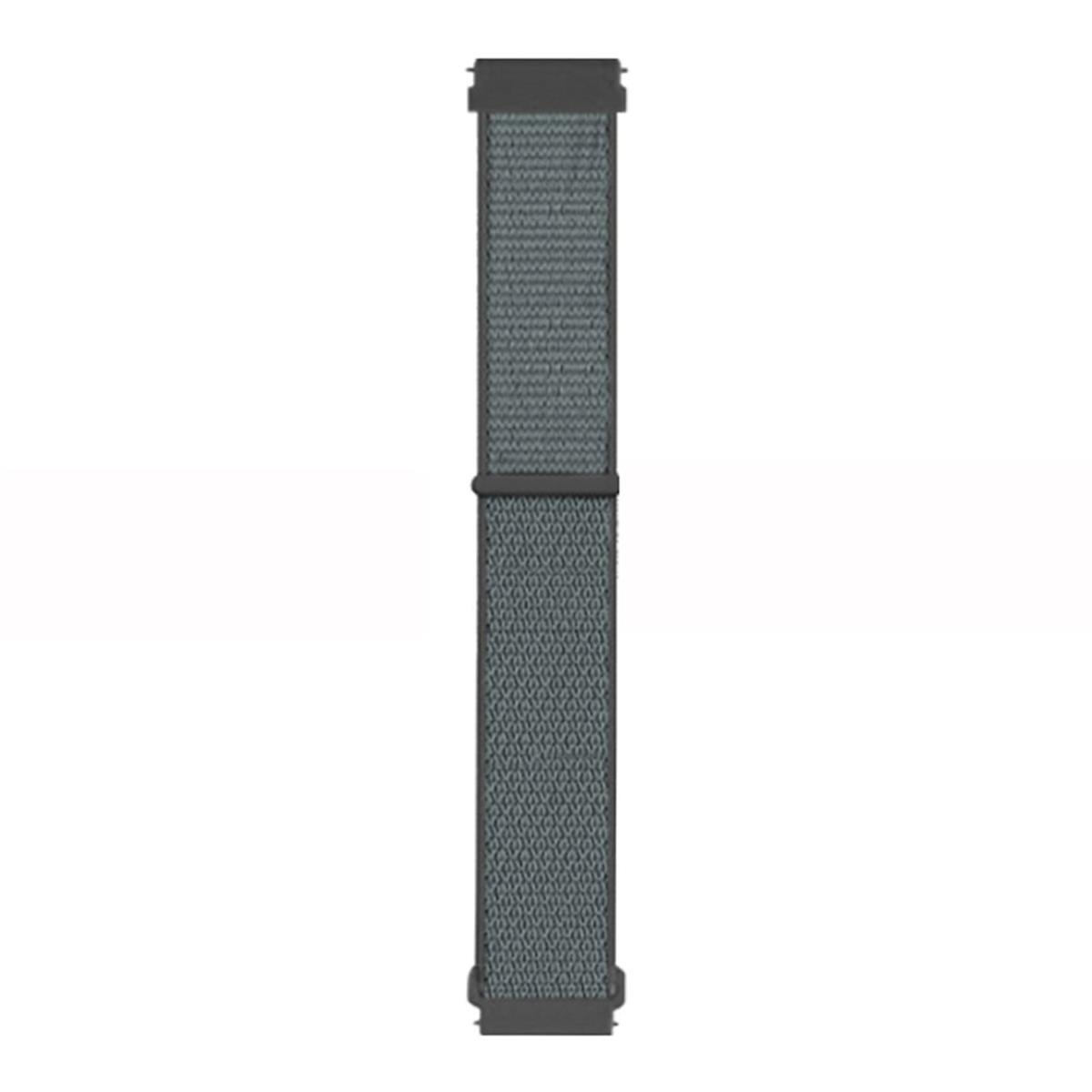 Ein graues Stoff-Uhrenarmband, vor weißem Hintergrund gezeigt.