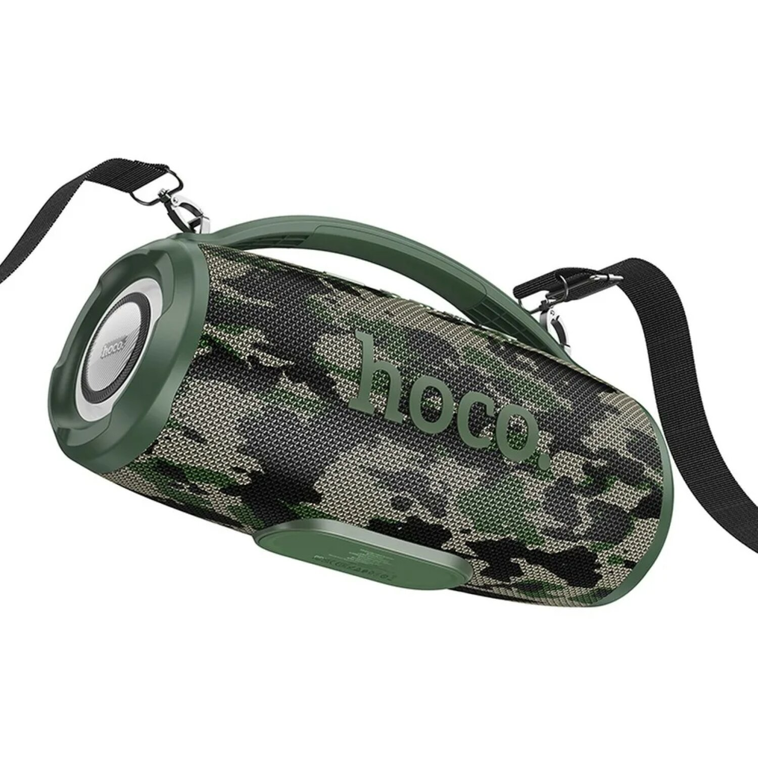 Un altoparlante verde con motivo mimetico, cinturino nero e maniglia verde è isolato su sfondo bianco.