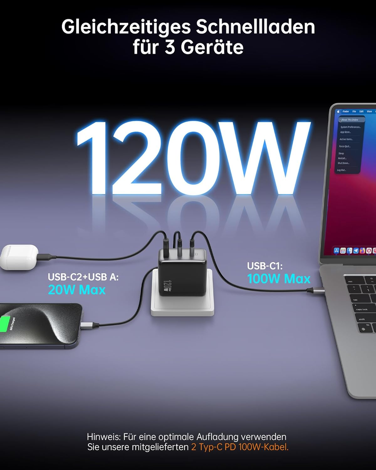 Ein schwarzes Netzteil mit drei USB-Anschlüssen, verbunden mit einem Laptop, einem Telefon und einem weißen Kopfhörergehäuse.