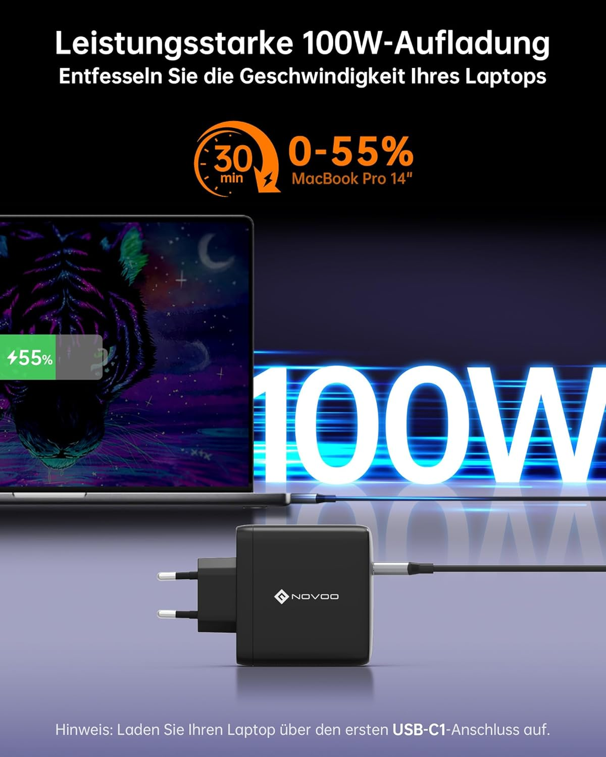 Schwarzes Ladegerät, das ein Gerät mit 100W ausgibt.