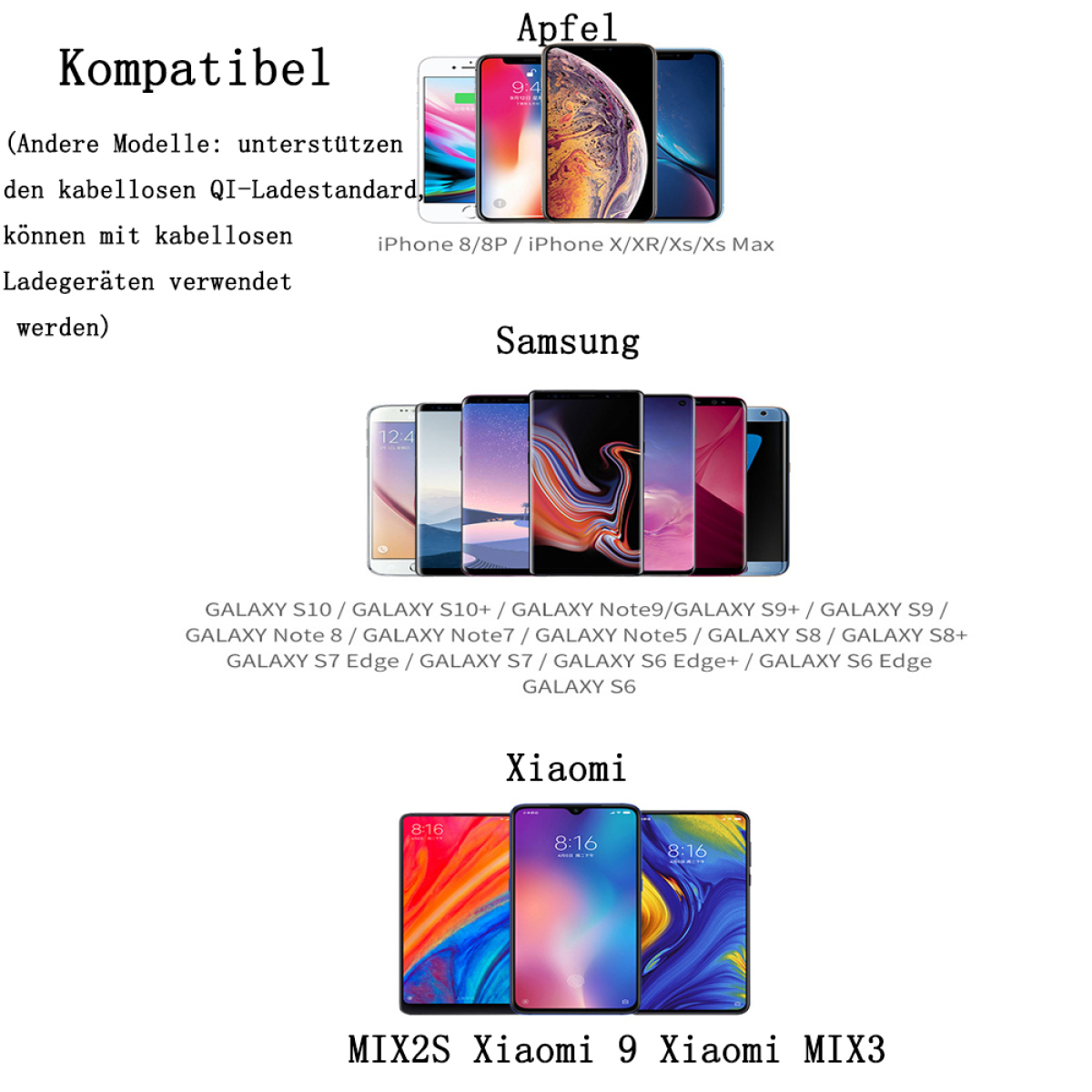Eine Grafik, die kompatible Telefone von Apple, Samsung und Xiaomi für kabelloses Laden zeigt.