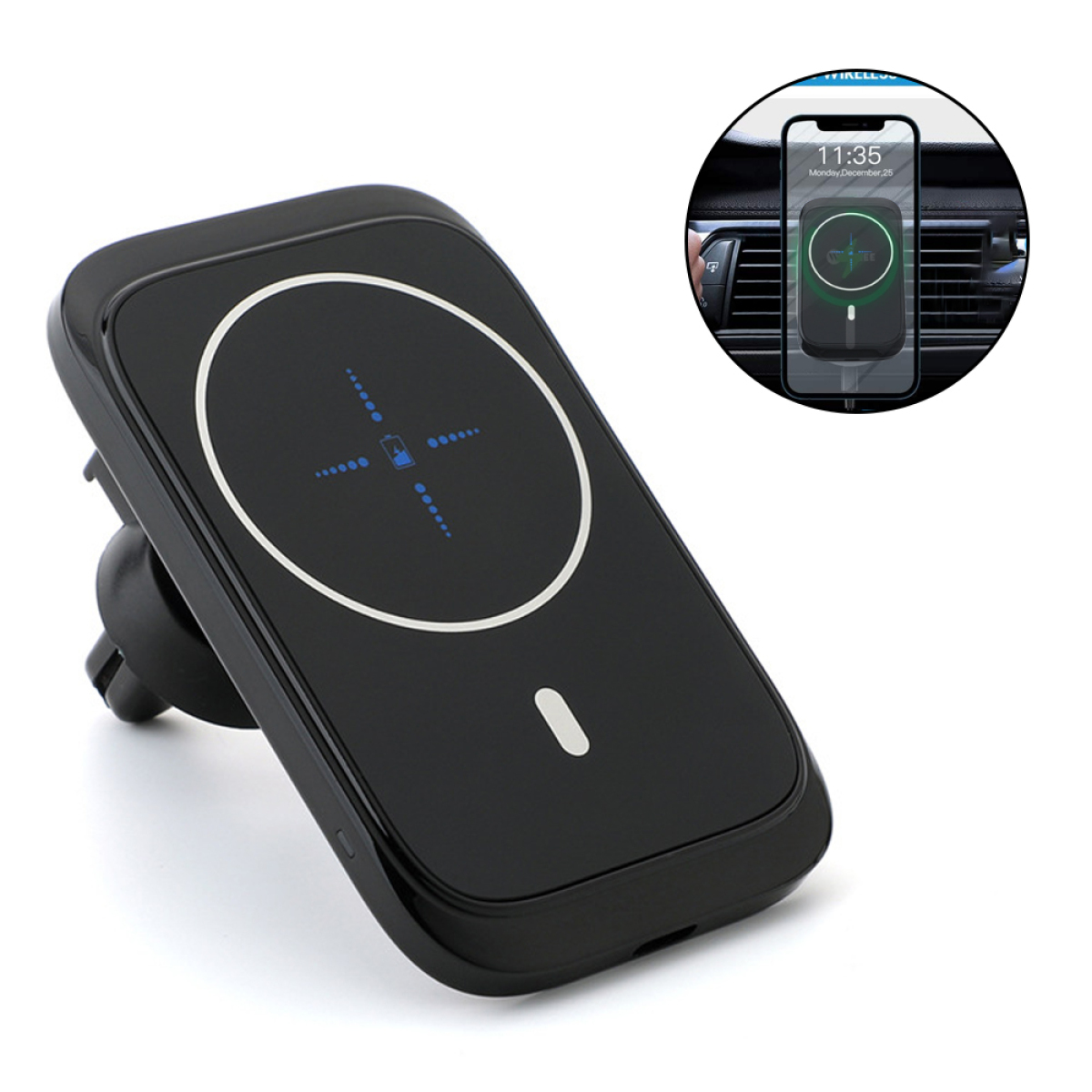 Ein schwarzes kabelloses Ladegerät für ein Auto. Ein Telefon wird darauf gelegt und zeigt ein Ladesymbol.