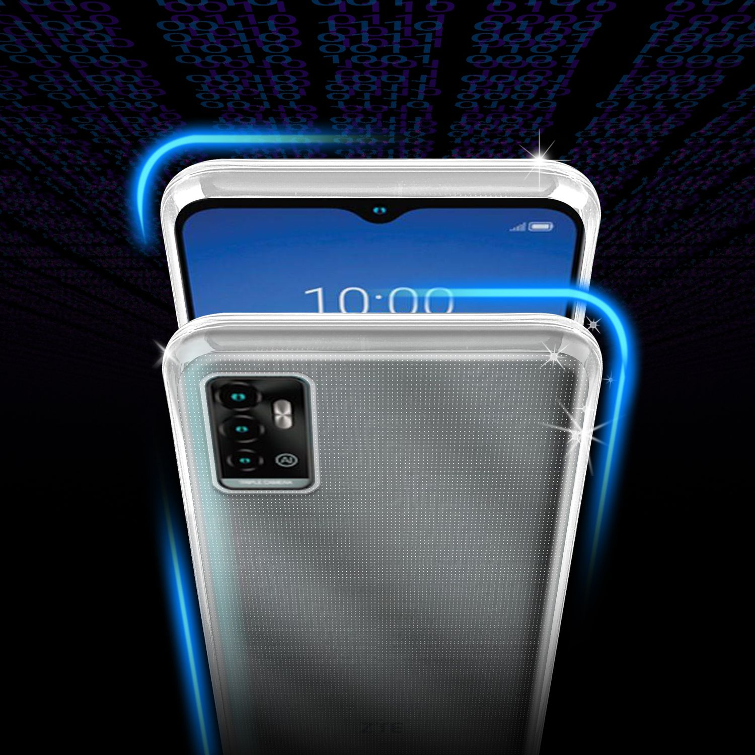 Un telefono in una custodia trasparente. La custodia ha bordi blu. Mostra le 10:00.
