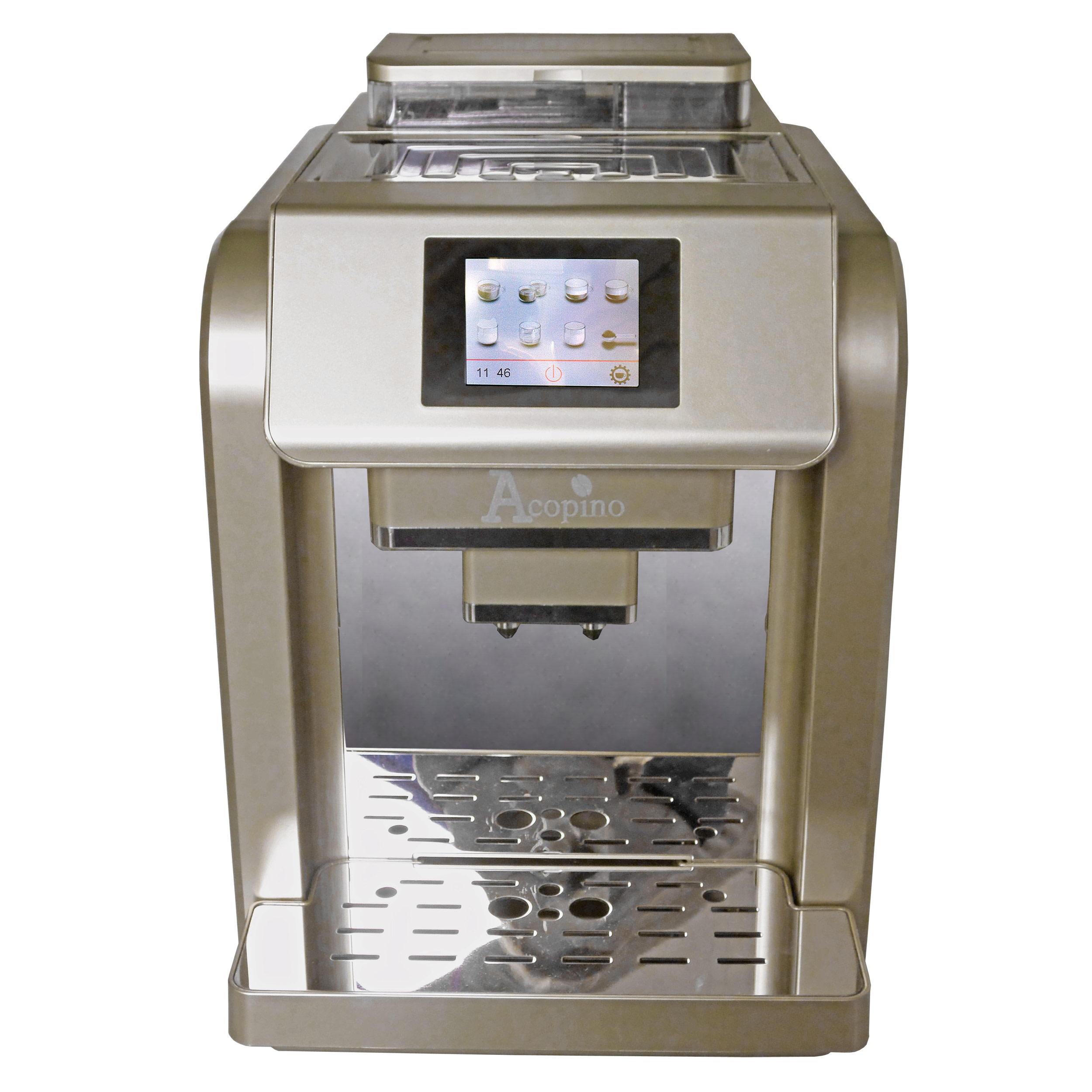Goldene Kaffeemaschine mit Touchscreen-Display. Es hat ein silbernes Tablett und einen weißen Hintergrund.
