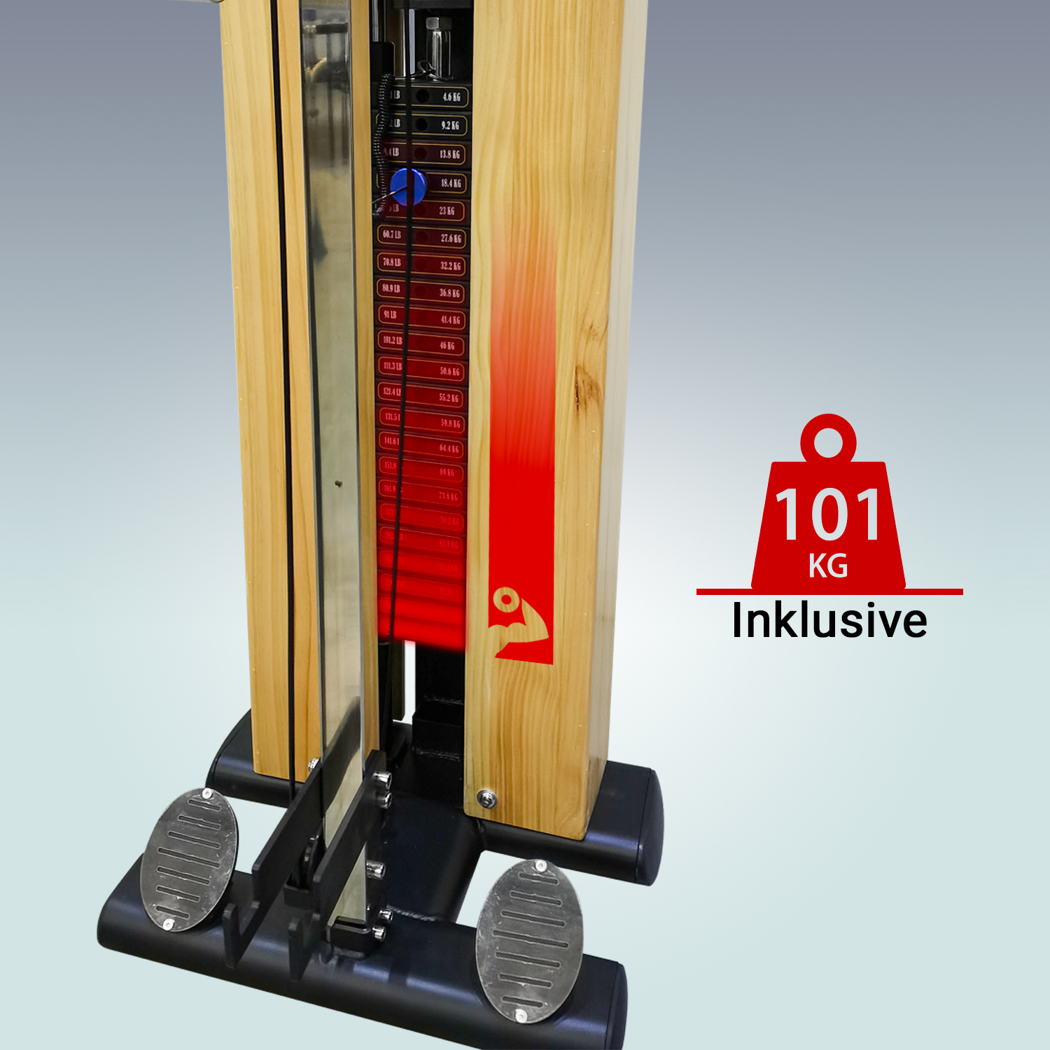 Gewichtsmaschine mit Digitalanzeige 101 KG inkl., mit Holz- und Metallelementen.