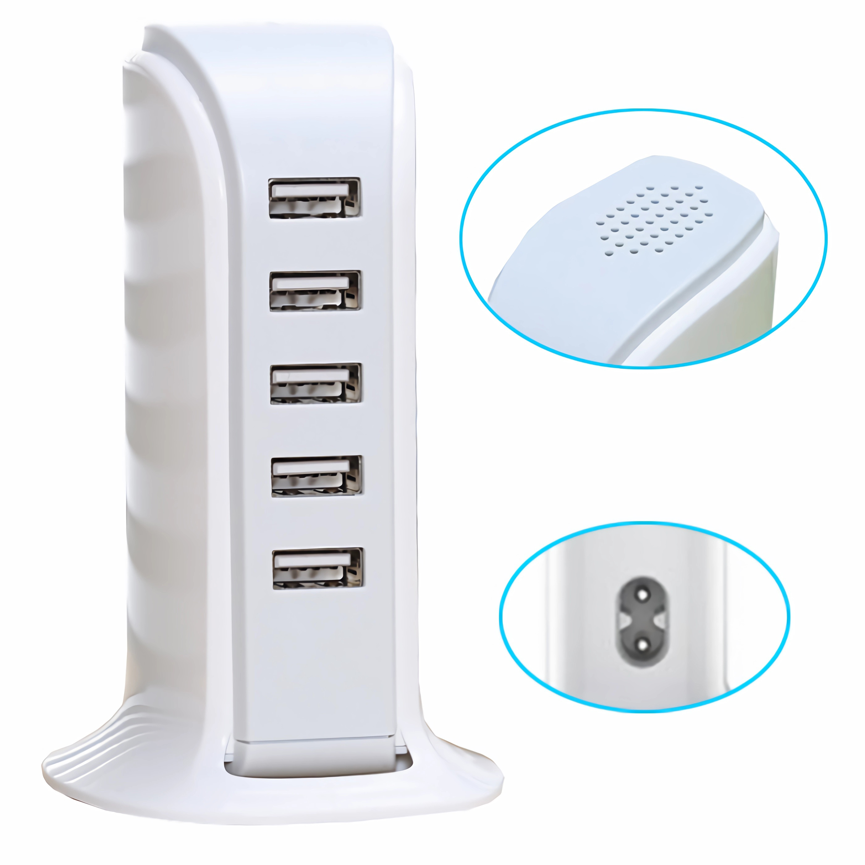 Weißer USB-Hub mit 5 Anschlüssen und zusätzlichen Anschlüssen am Ende. Runde Details sichtbar.