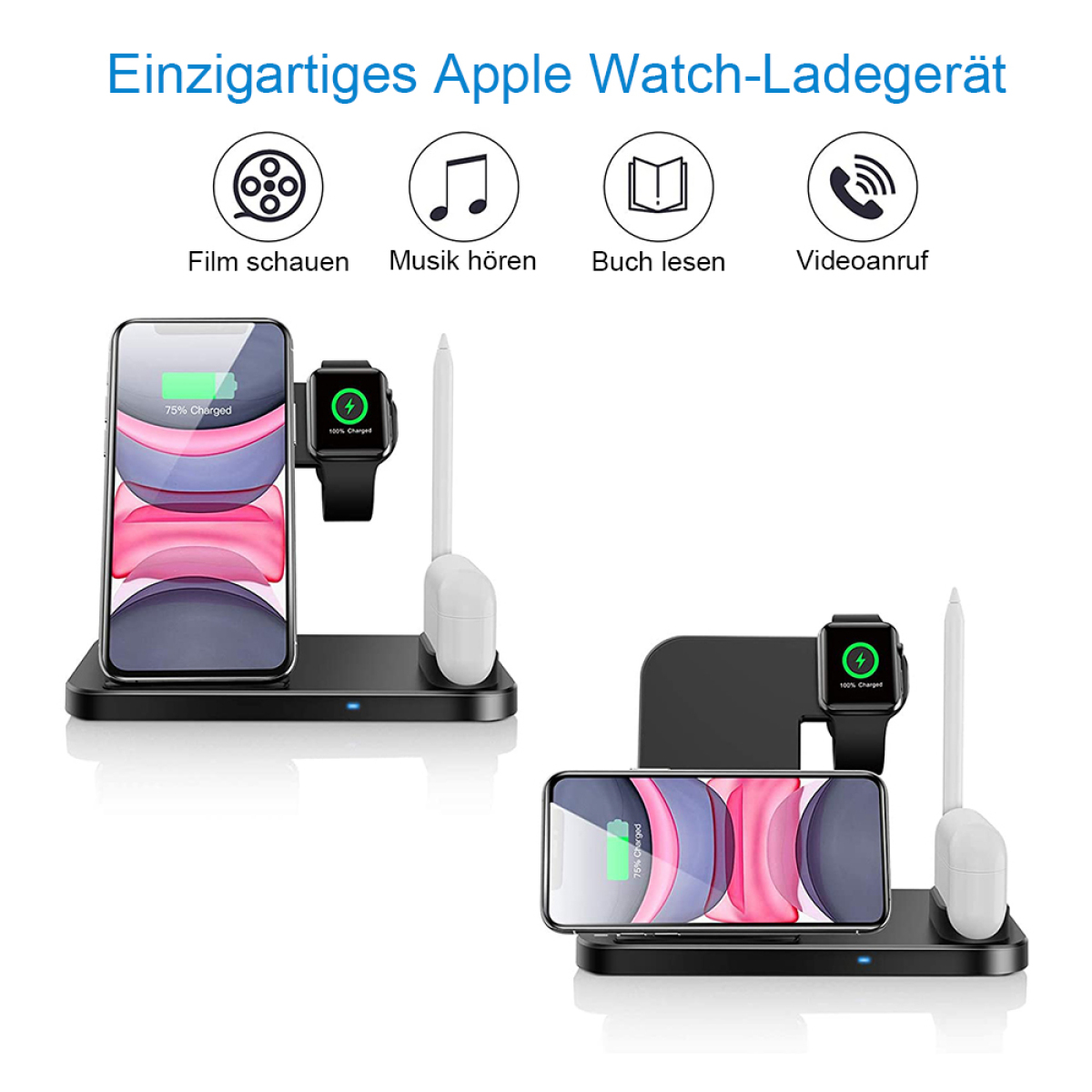 Zwei Ladestationen mit Telefon, Uhr und Airpods.