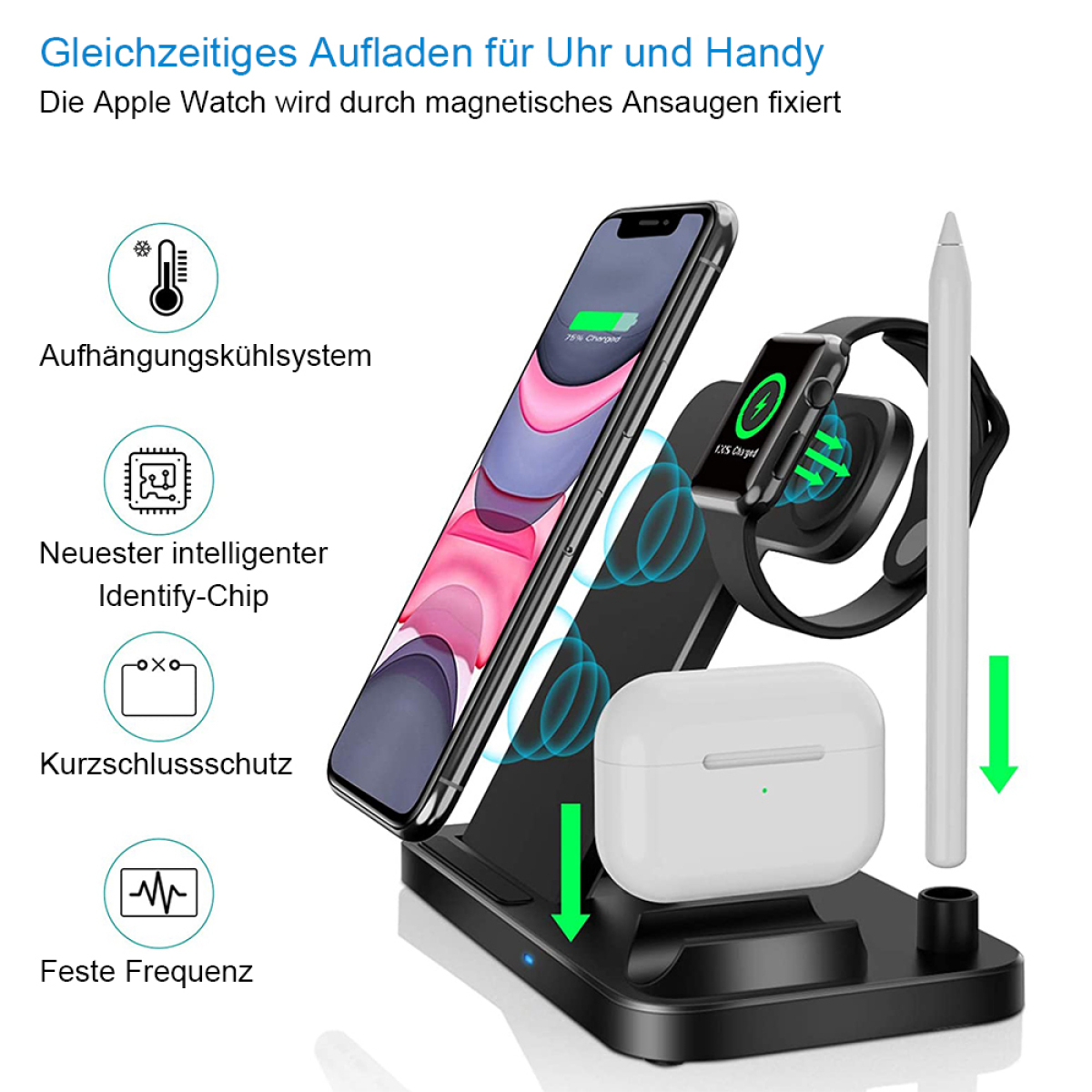 Ladestation mit Telefon, Uhr, Ohrhörern und Stift. Schwarze Basis.