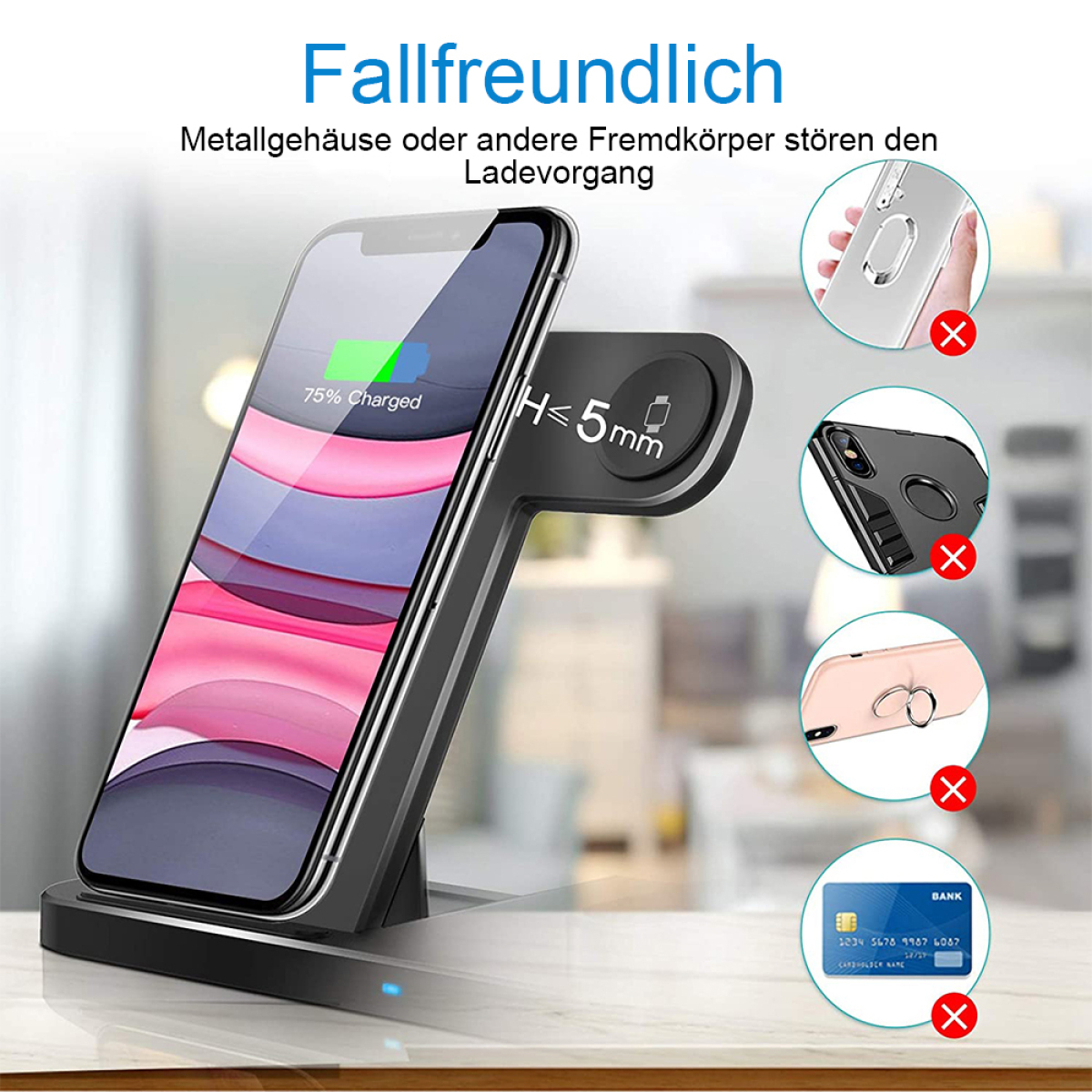 Kabelloses Ladegerät mit Telefon, das 75 % geladen anzeigt und Ladesymbole.