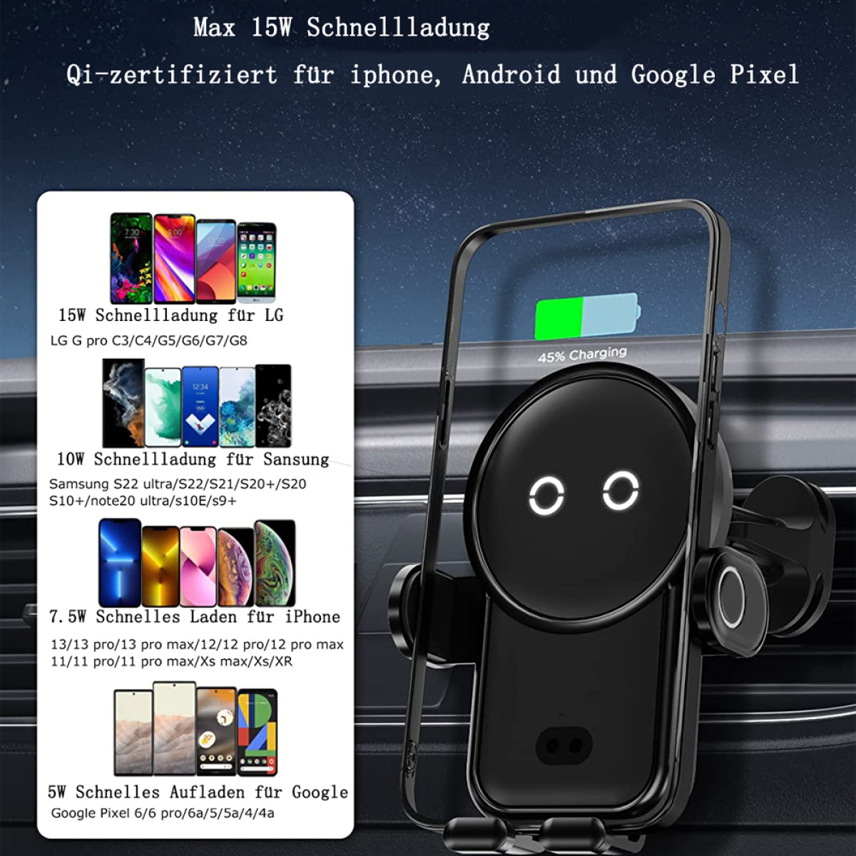 Schwarzes Ladegerät für Telefone mit mehreren Telefonen und Text. Weißer Hintergrund. Ladeanzeige.