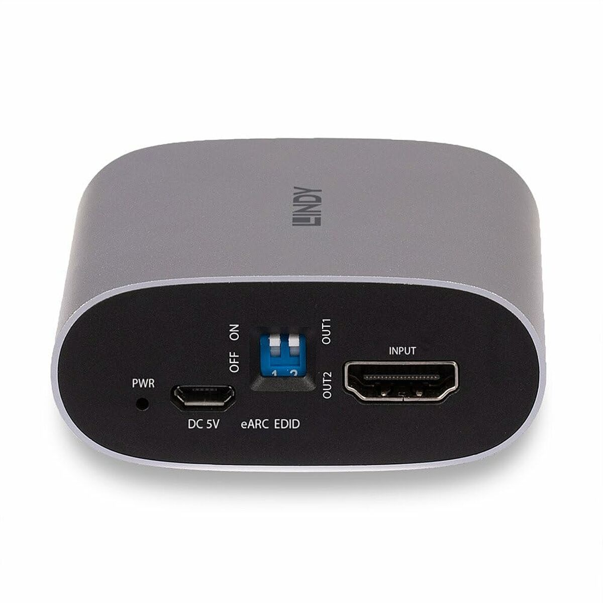 Grauer HDMI-Umschalter mit mehreren Anschlüssen. Schwarze Frontplatte.