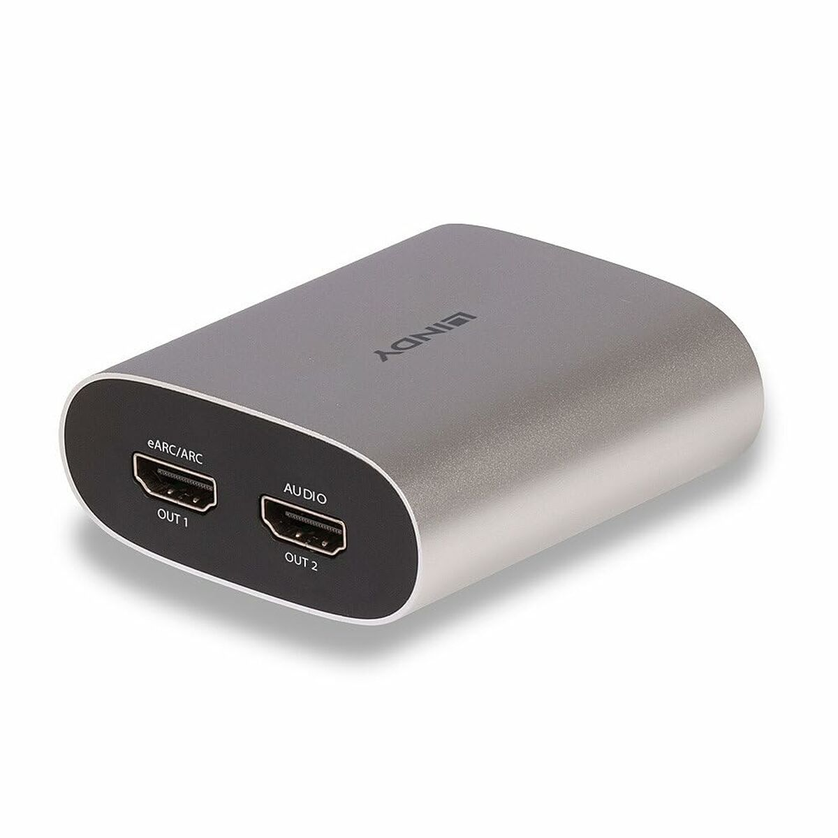 Silber-grauer HDMI-zu-Audio-Konverter mit zwei Ausgangsanschlüssen, auf weißer Oberfläche.