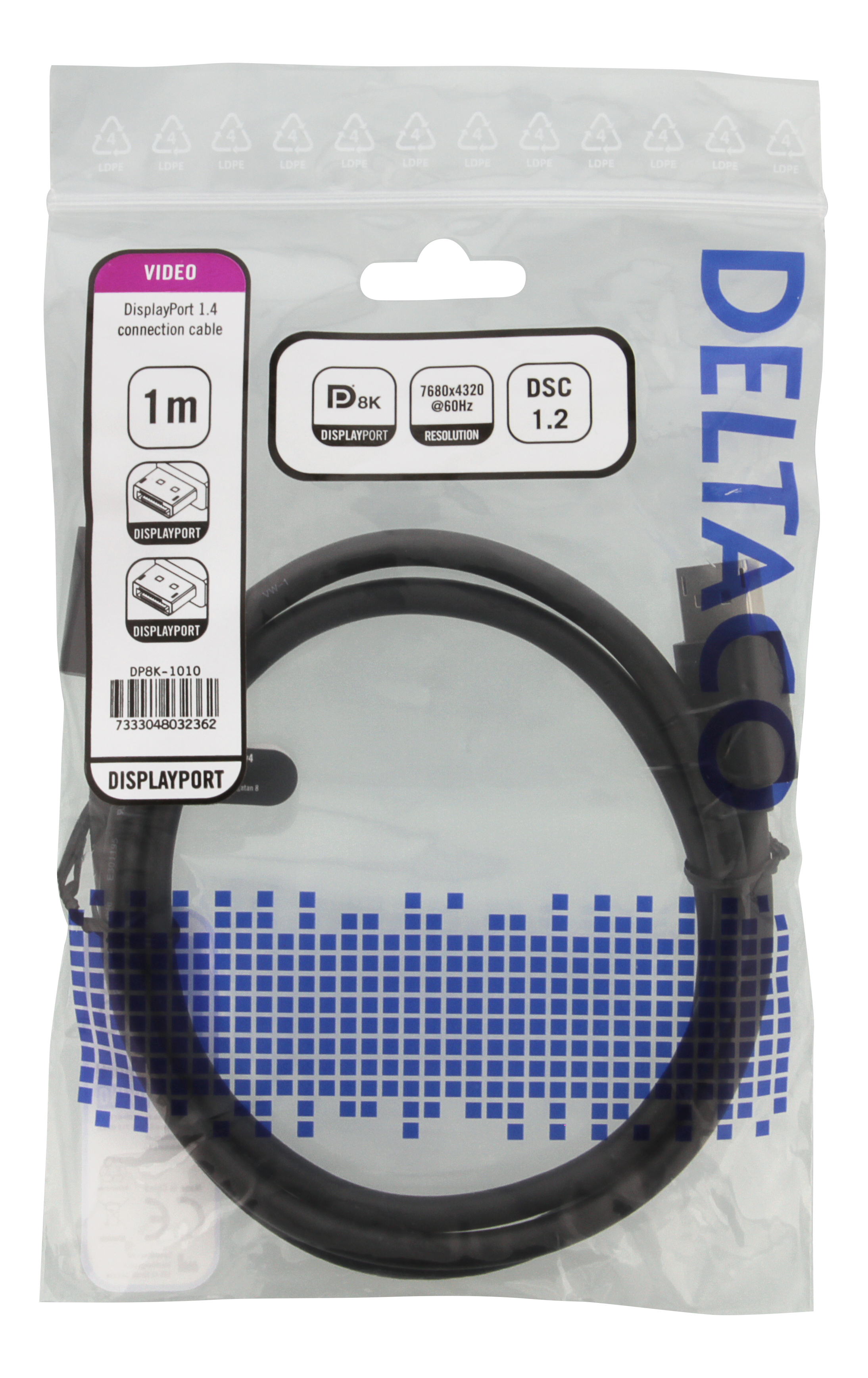 DisplayPort 1.4-aansluitkabel in een doorzichtige plastic zak met tekst en logo's.