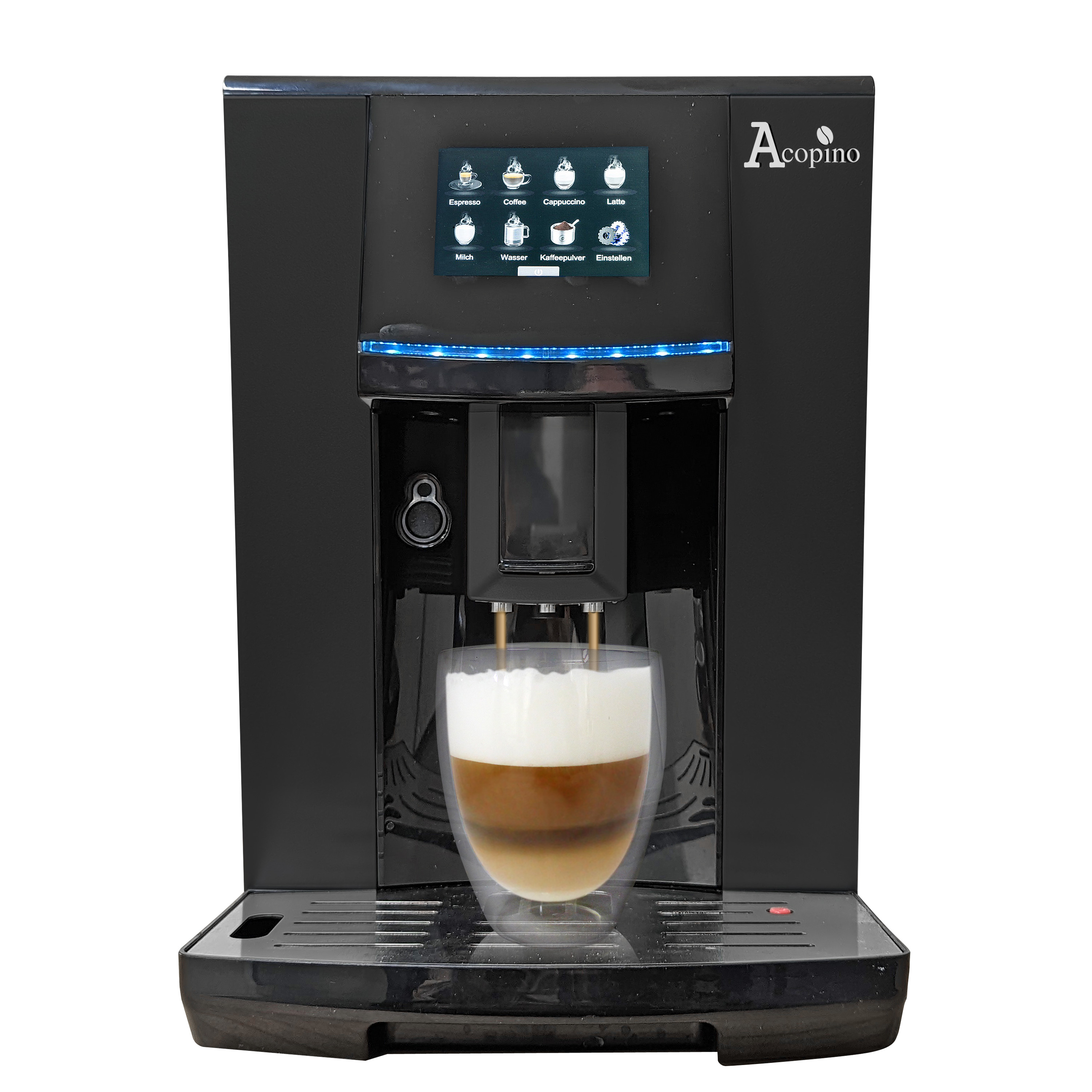 Schwarze Espressomaschine mit einer Glastasse. Sie gießt einen Kaffee mit Milch ein.