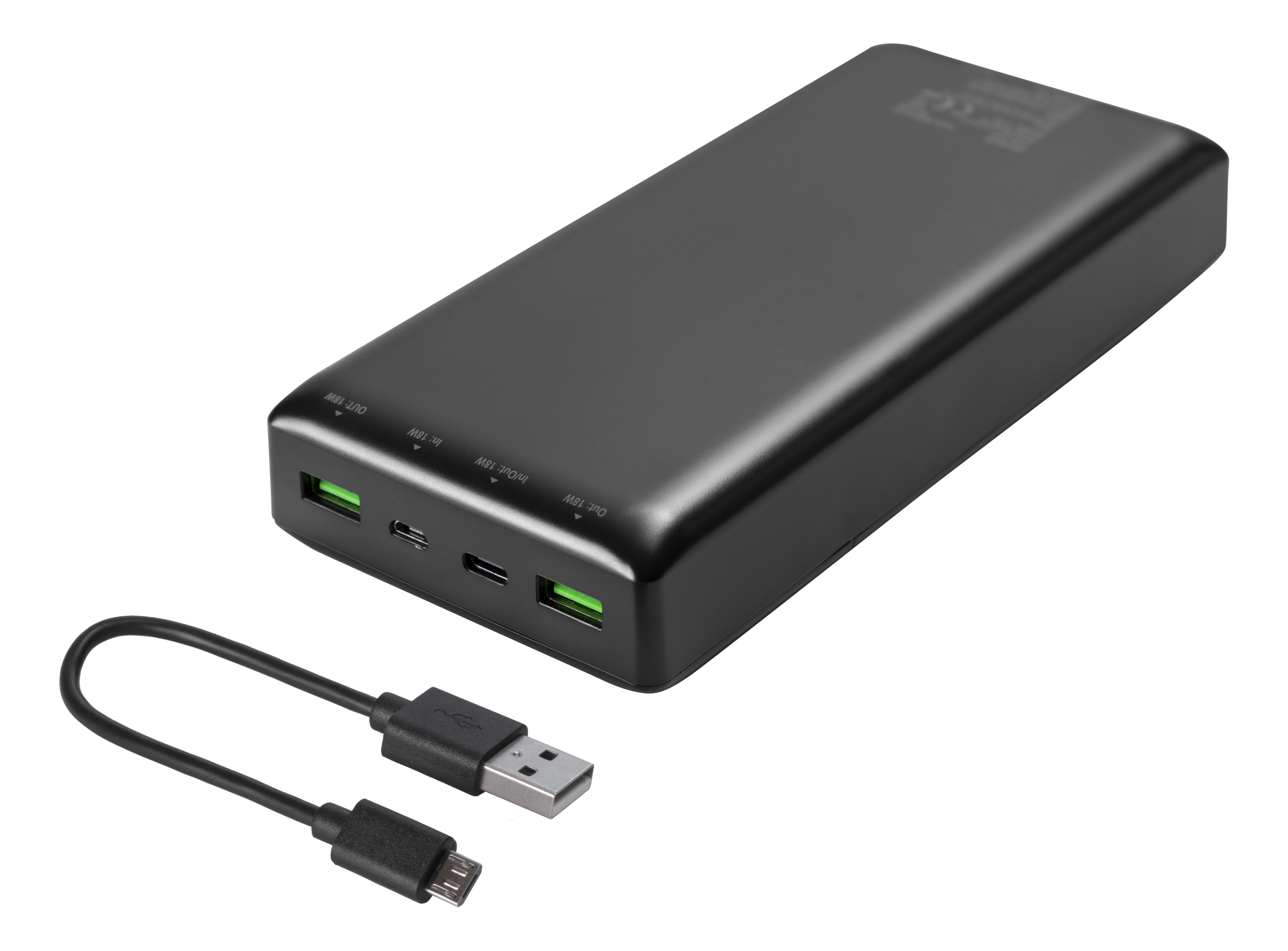 Eine schwarze Powerbank mit mehreren Anschlüssen und einem USB-Kabel.