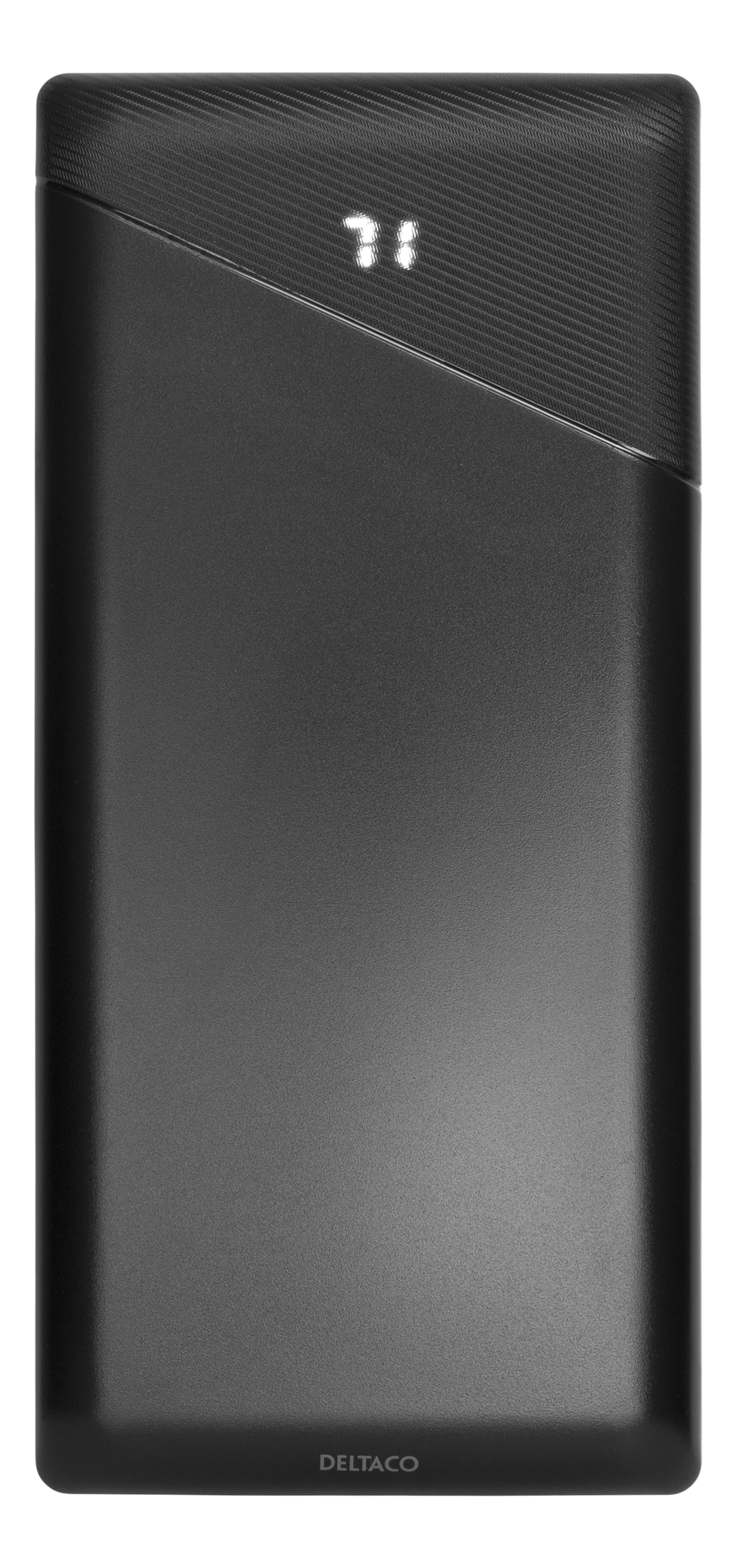 Eine schwarze Powerbank mit schräger Oberseite, LED-Anzeige und dem Markennamen 'DELTACO'.