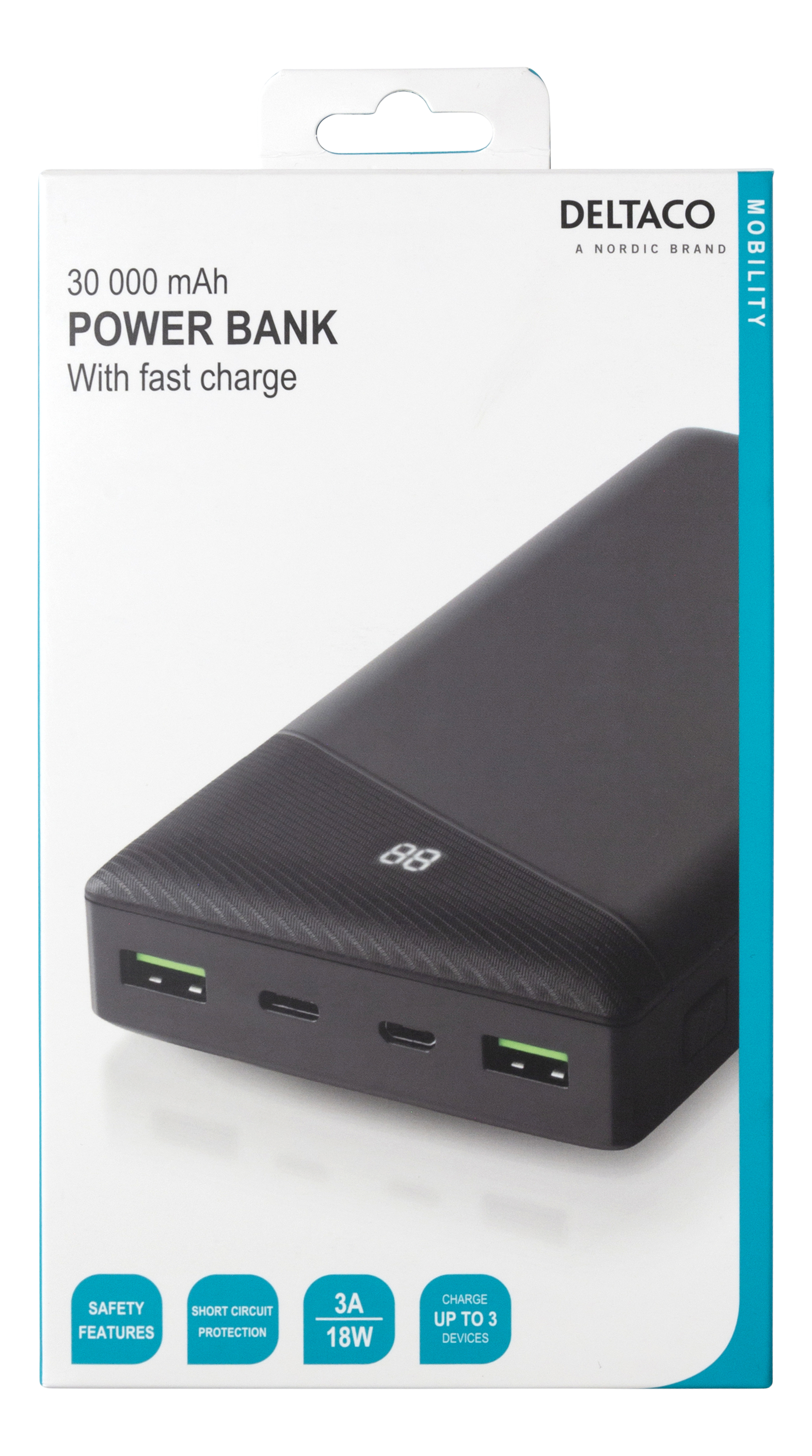 Schwarze Powerbank mit Text auf der Vorderseite. Weißer Hintergrund. USB-Anschlüsse und Ladeanzeige.