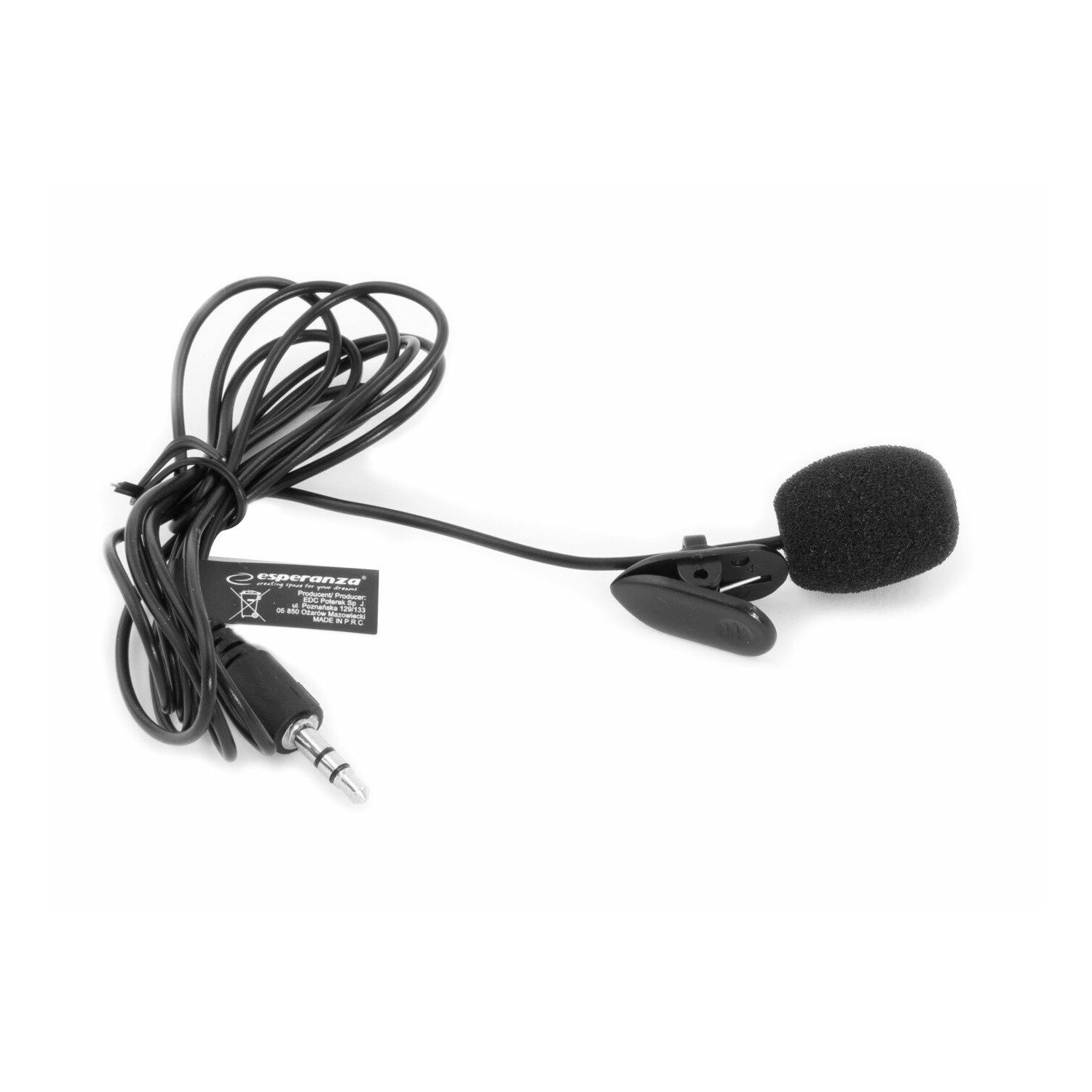 Ein kleines Mikrofon mit Clip und Schaumstoffabdeckung, mit Kabel und Anschluss.