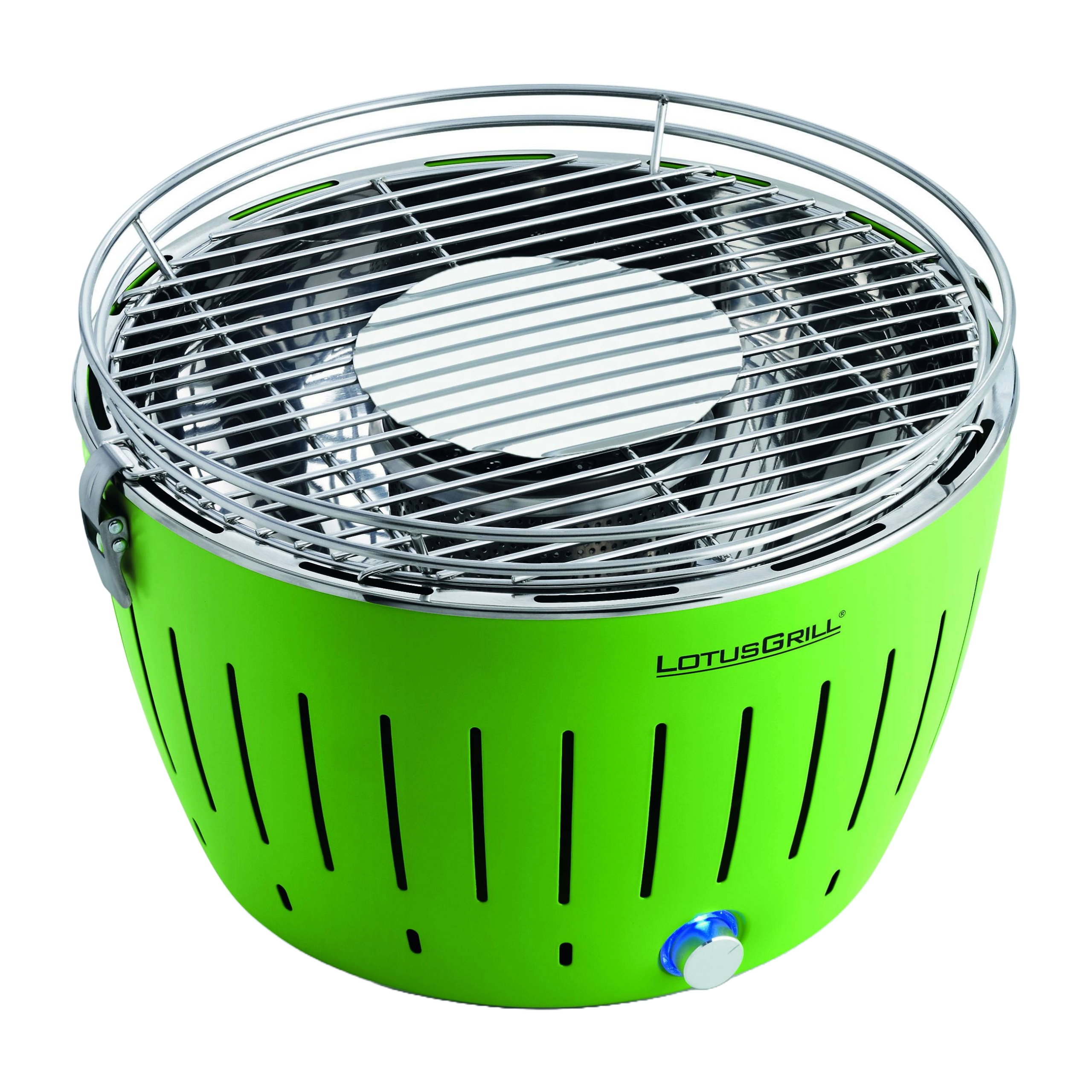 Grüner LotusGrill-Grill, rund mit Drahtrost und blauem Einschaltknopf.