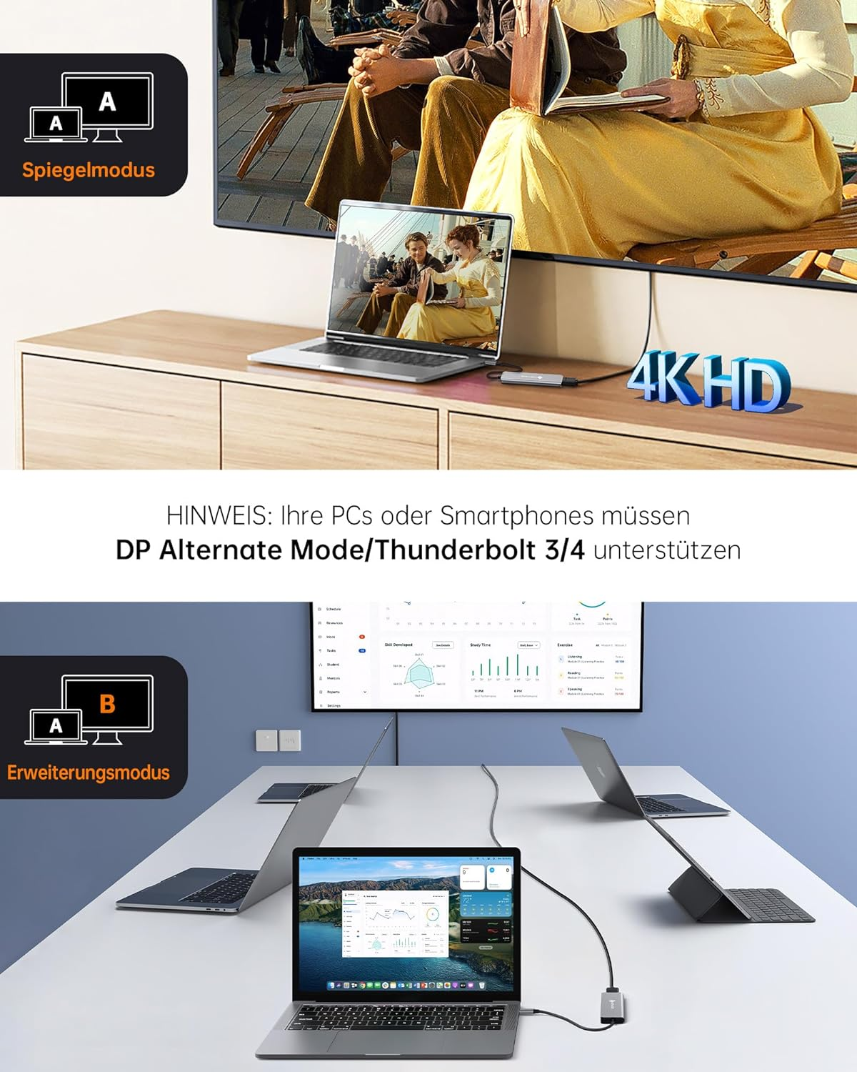 Bildschirme mit Spiegelungs- und Erweiterungsmodi. Zwei Laptops und ein Monitor werden angezeigt.
