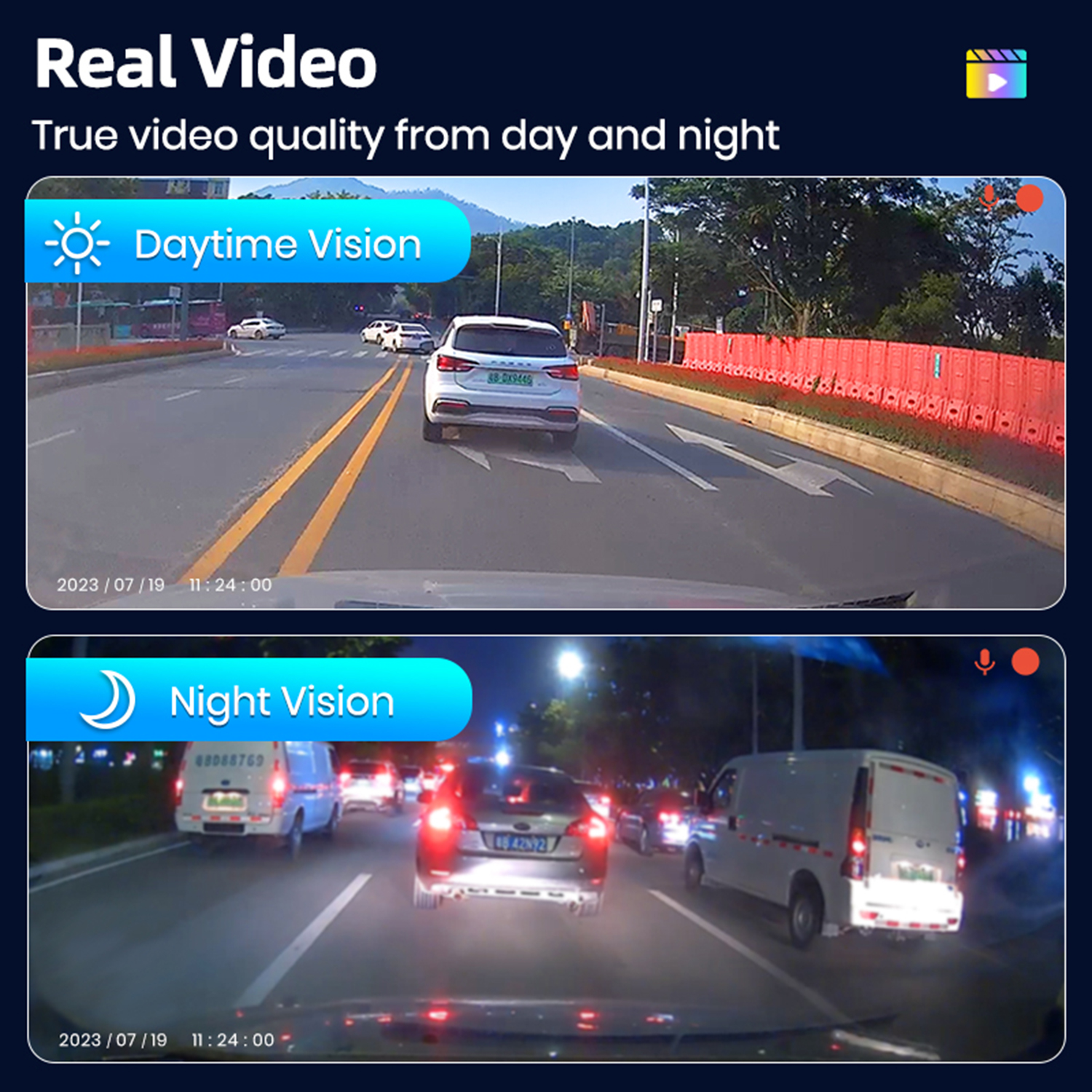 Dashcam-Aufnahmen, die Tag- und Nachtfahrszenen zeigen.