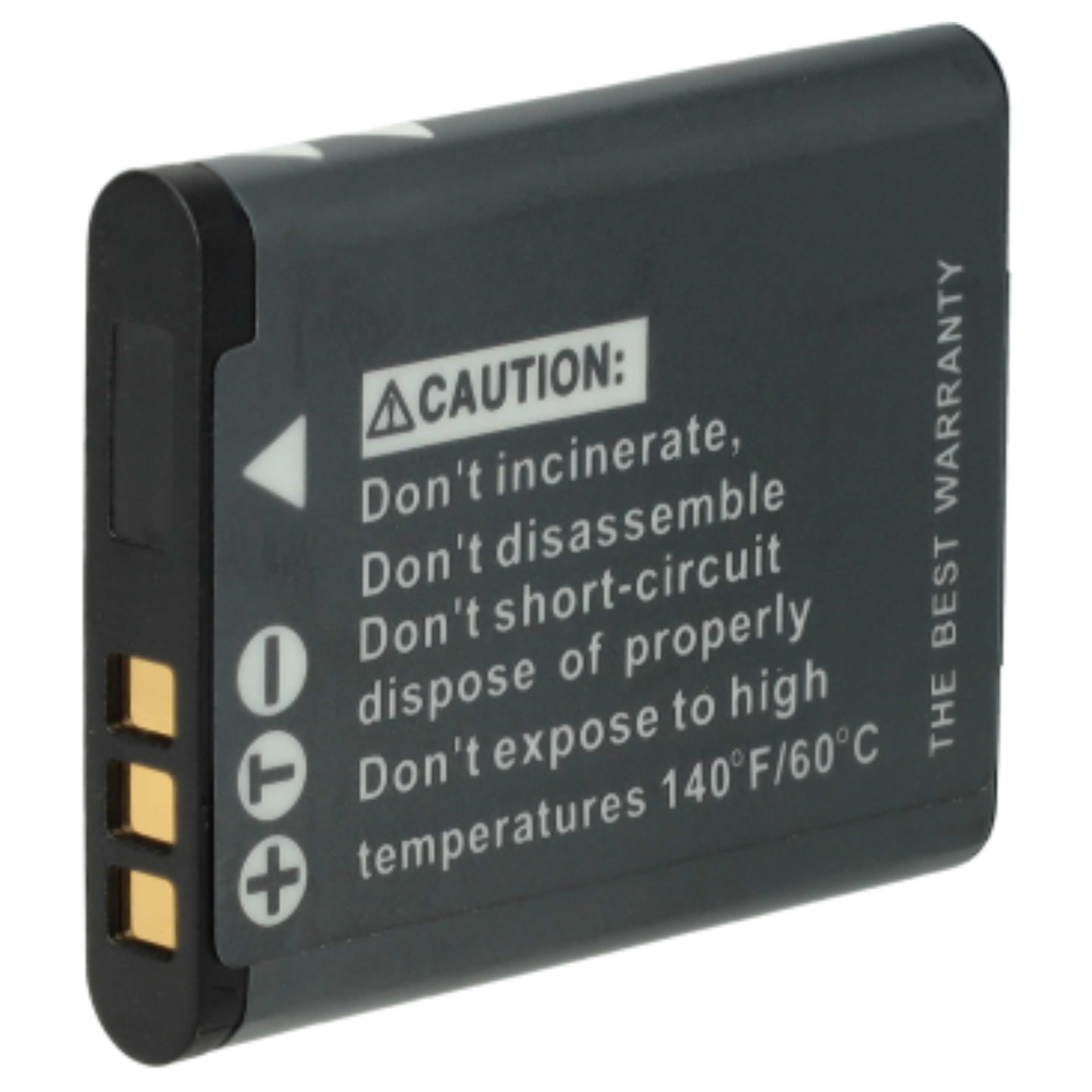 Schwarze Batterie mit Warnhinweisen, einschließlich nicht zerlegen. Weißer Hintergrund.