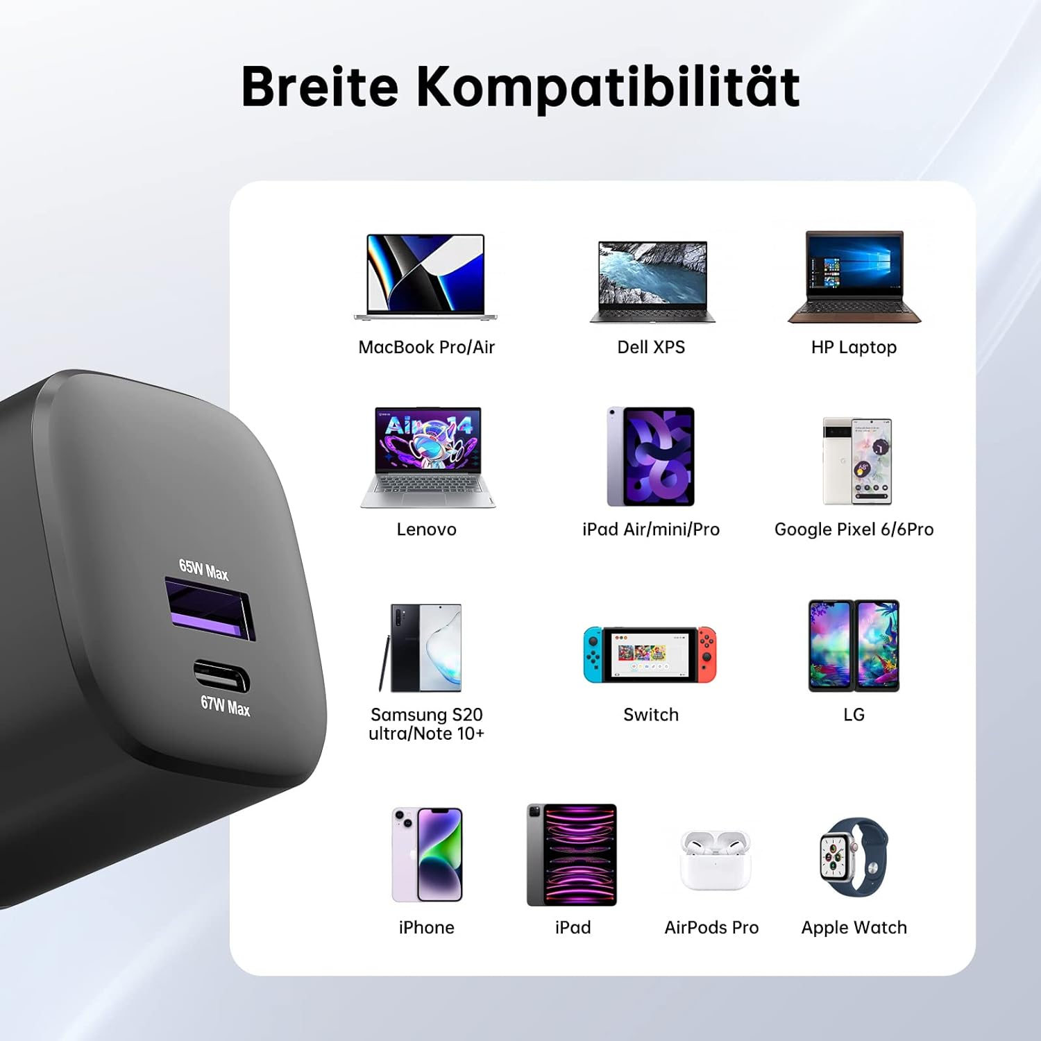 Schwarzes Ladegerät, das Kompatibilität mit Laptops, Telefonen und Tablets zeigt. Text: 'Breite Kompatibilität'.