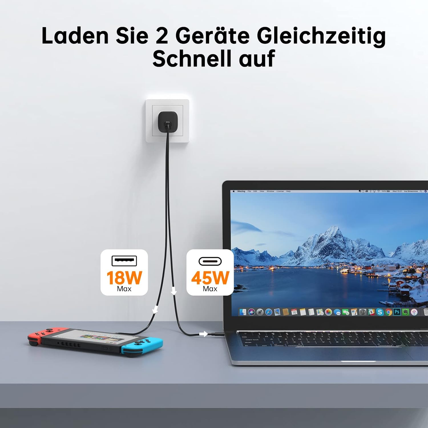Szene zeigt Ladegeräte: Switch und Laptop, über ein Ladegerät an einer Steckdose angeschlossen.