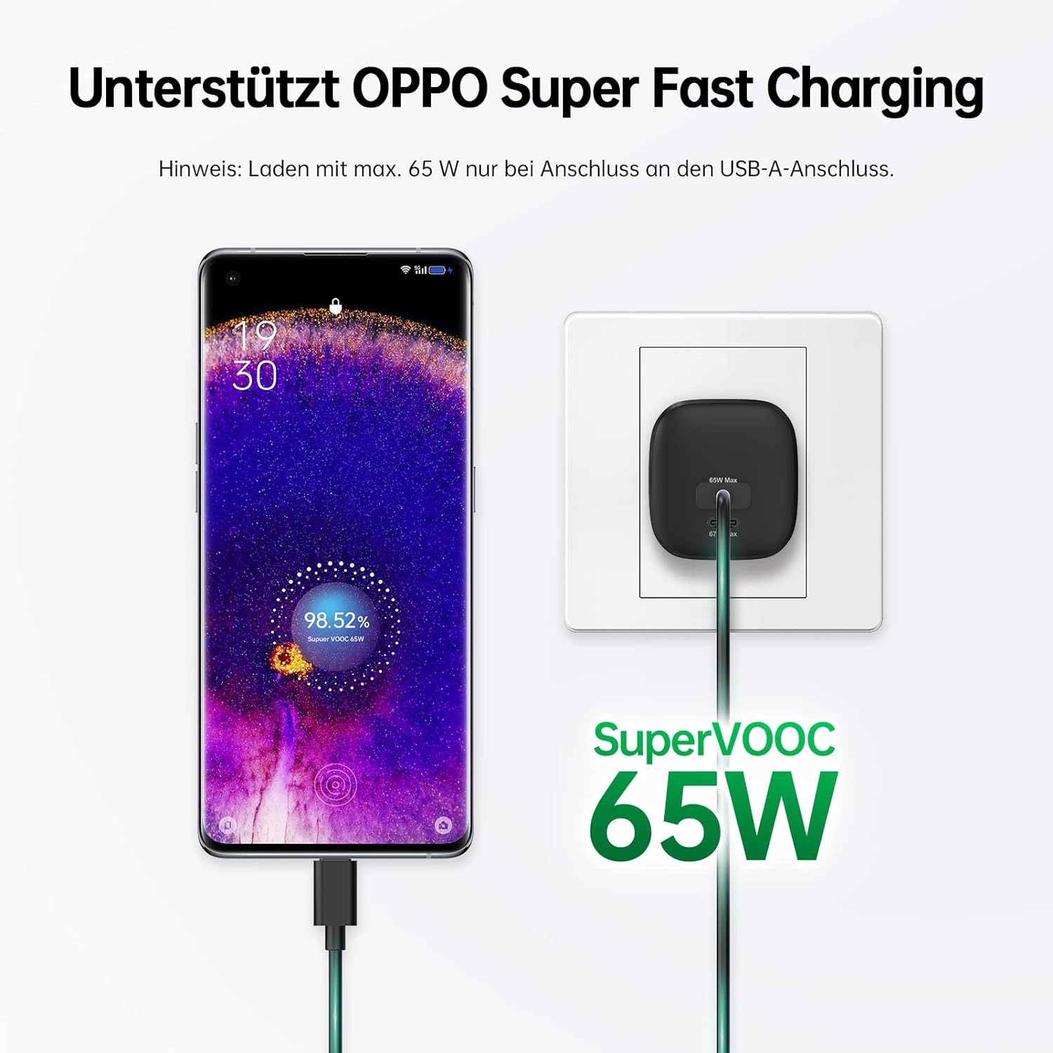 Telefon wird geladen, zeigt 98,52% mit SuperVOOC 65W Ladegerät. Text auf Deutsch.