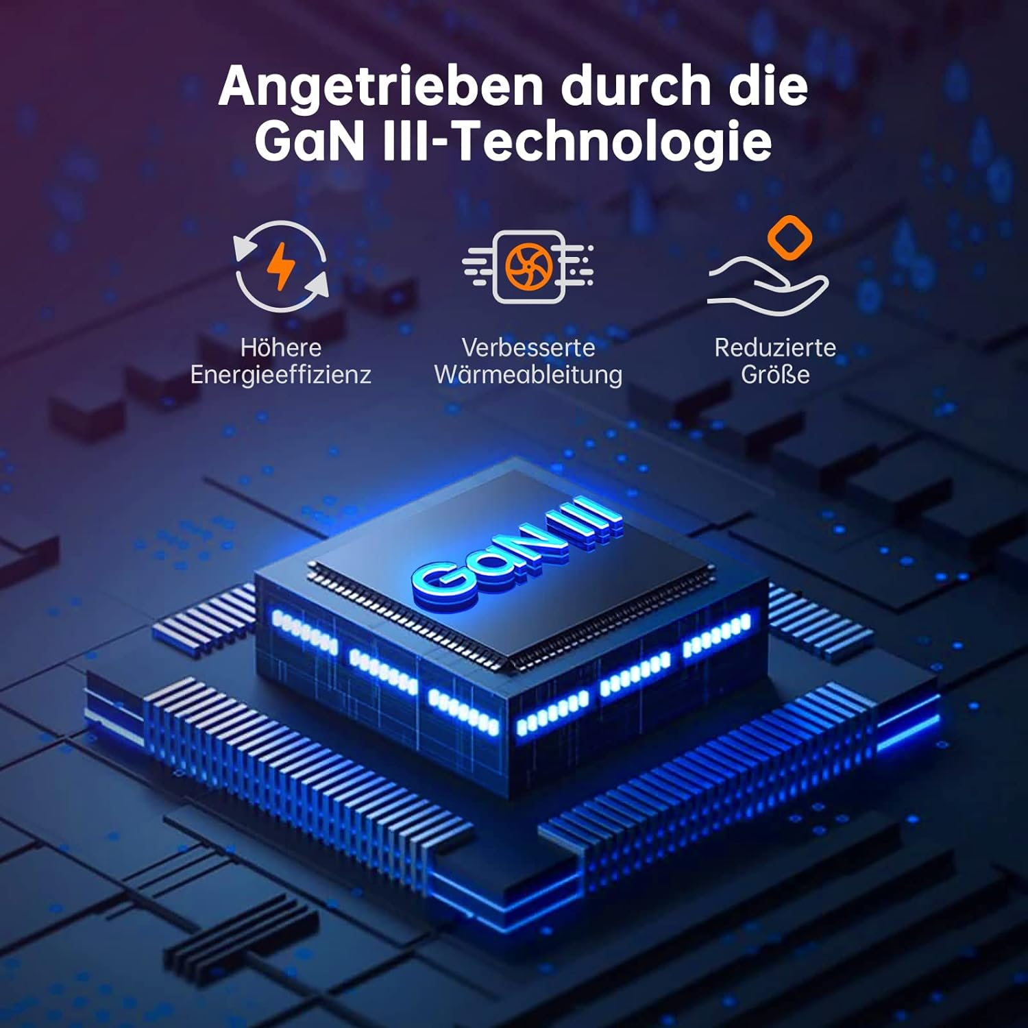 Ein Diagramm der GaN III-Technologie mit Symbolen für höhere Effizienz, Wärme und reduzierte Größe.