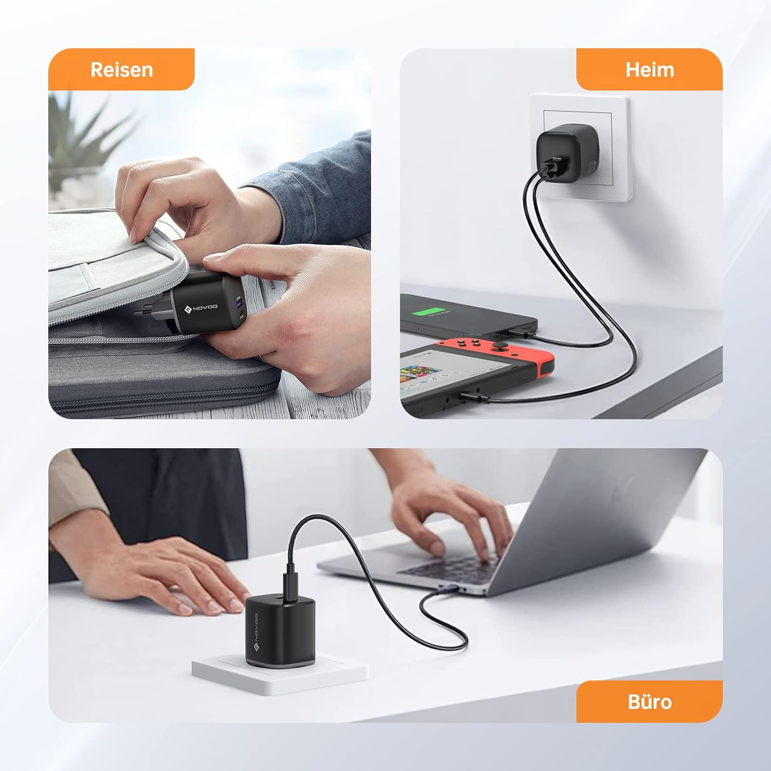 Illustrationen, die einen Ladeadapter zeigen, der auf Reisen, zu Hause und im Büro verwendet wird.