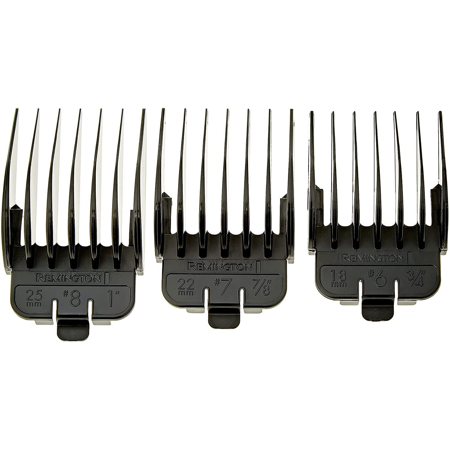 Drei schwarze Haarschneideraufsätze mit Größenangaben: 25 mm, 22 mm und 18 mm.
