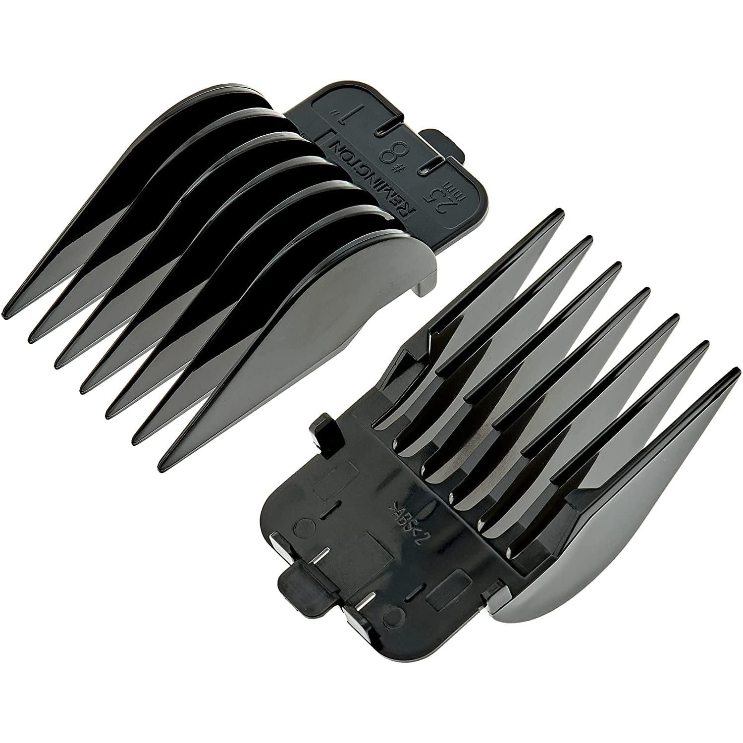 Zwei schwarze Haarschneideaufsätze. Sie haben Zähne und sind mit Zahlen beschriftet.