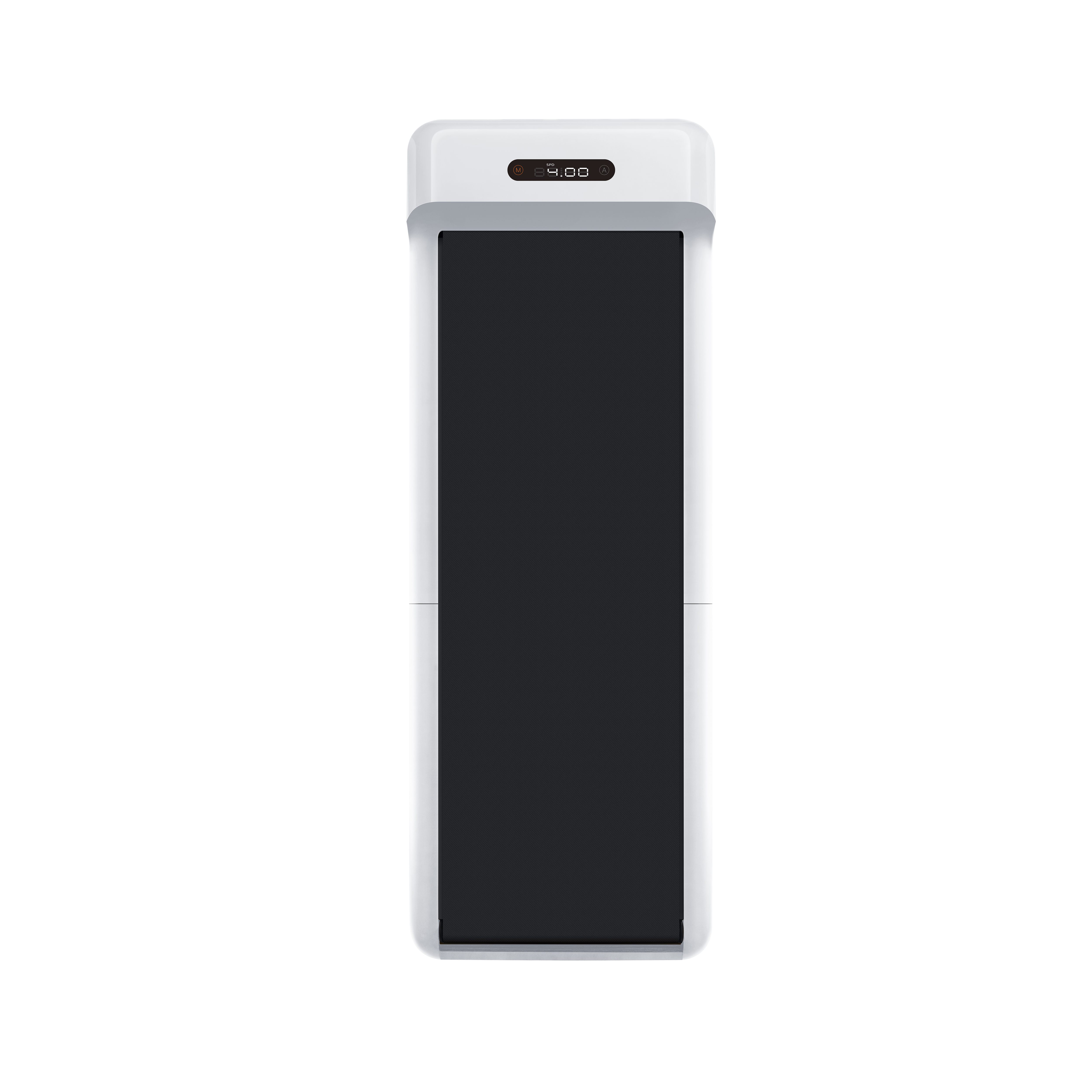 Un tapis roulant bianco con un nastro da corsa nero, isolato su uno sfondo bianco.