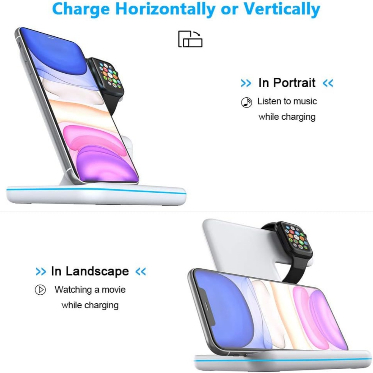 Ladestation, die ein Telefon und eine Uhr im Hoch- und Querformat zeigt.