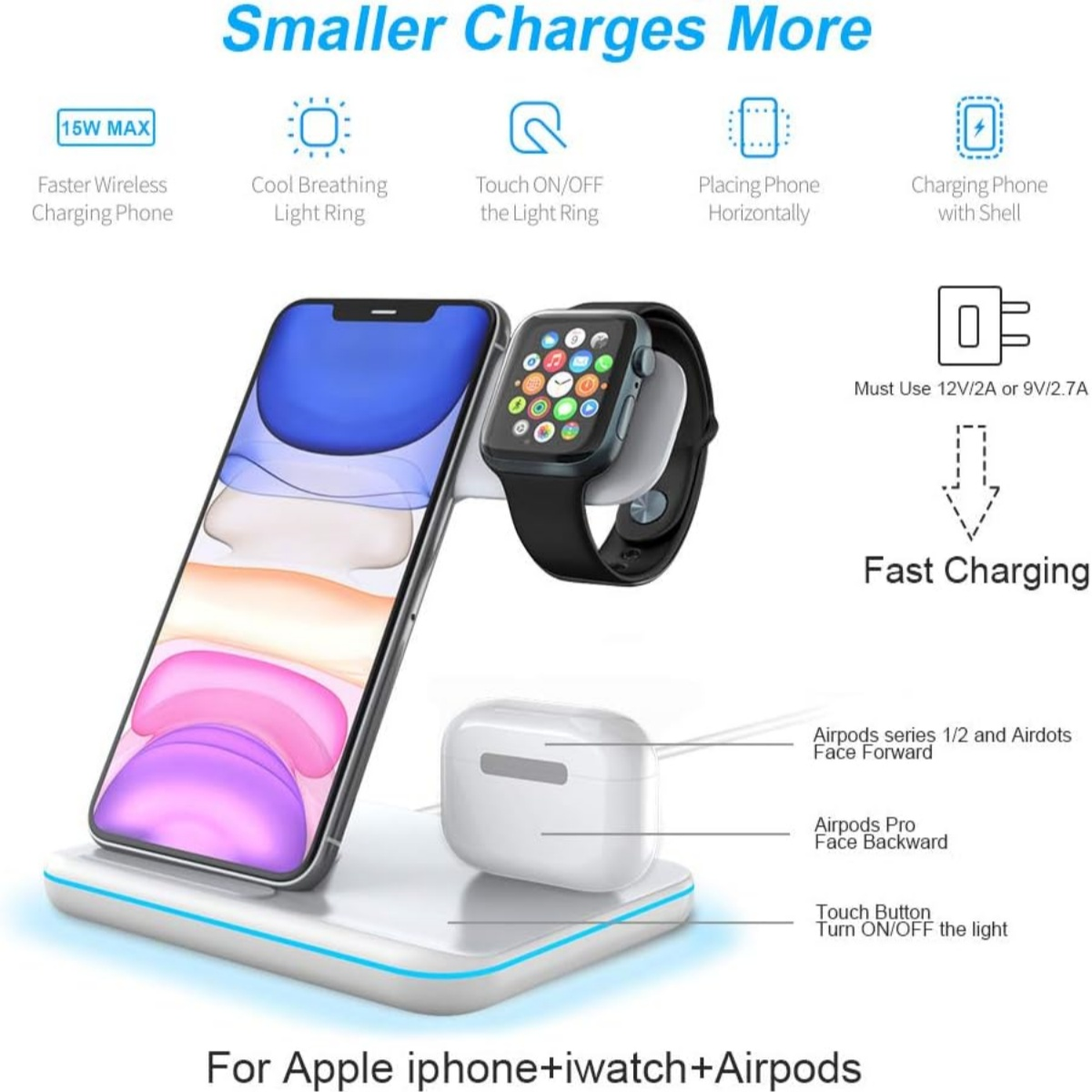 Kabelloses Ladegerät mit Telefon, Uhr und AirPods. Zeigt Symbole für Aufladen und Funktionen. Weiß und blau.