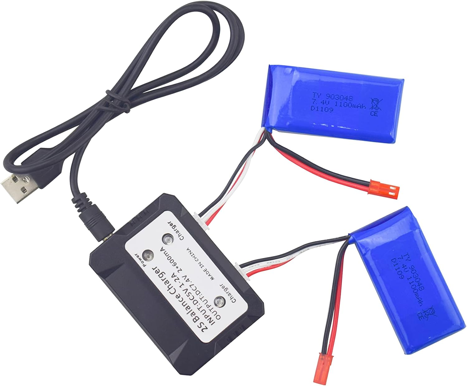 Schwarzes Ladegerät mit USB-Kabel und zwei blauen Batterien mit roten und weißen Drähten.