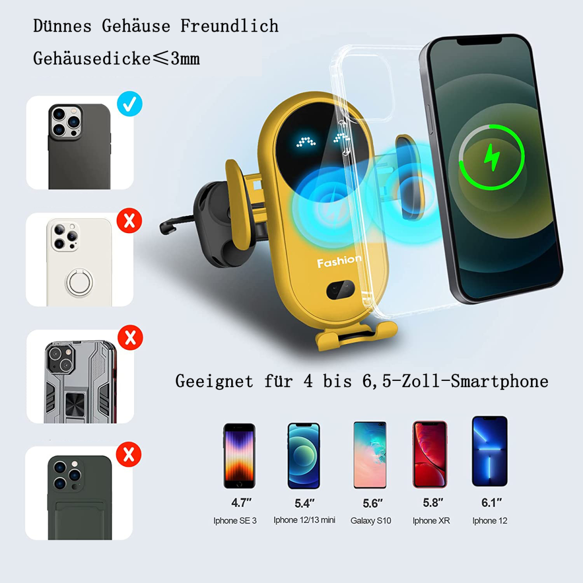 Gelbe Telefonhalterung mit Telefonbeispielen, geeignet für 4,7 bis 6,5 Zoll Telefone.