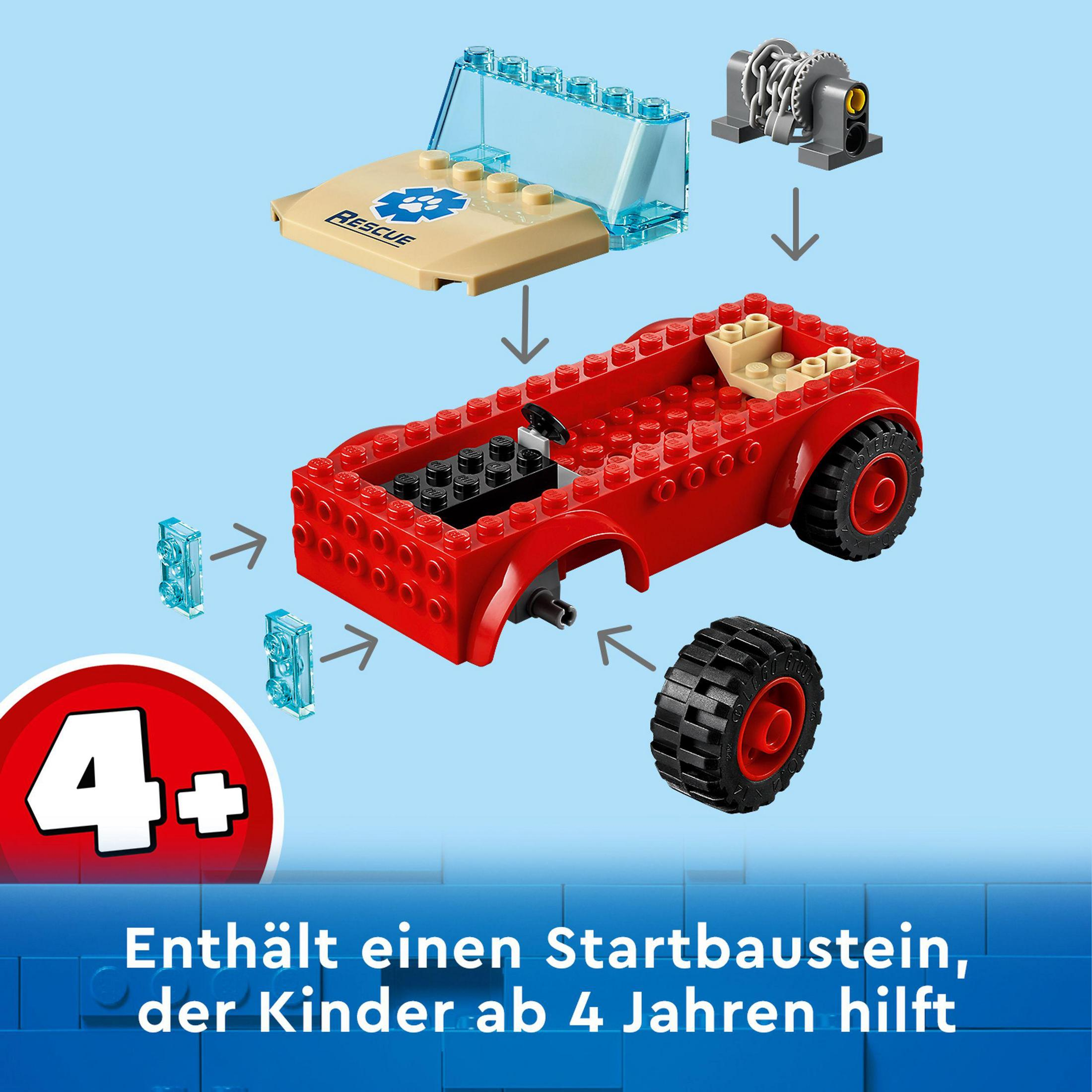 Czerwony samochodzik z niebieskimi i przezroczystymi dodatkami. Części pokazane w widoku rozłożonym.