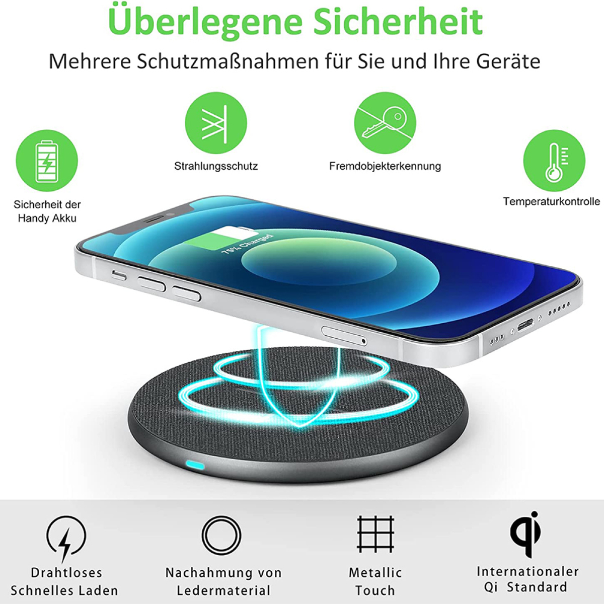 Kabelloses Ladepad mit Telefon, zeigt Lade- und Sicherheitsfunktionen.