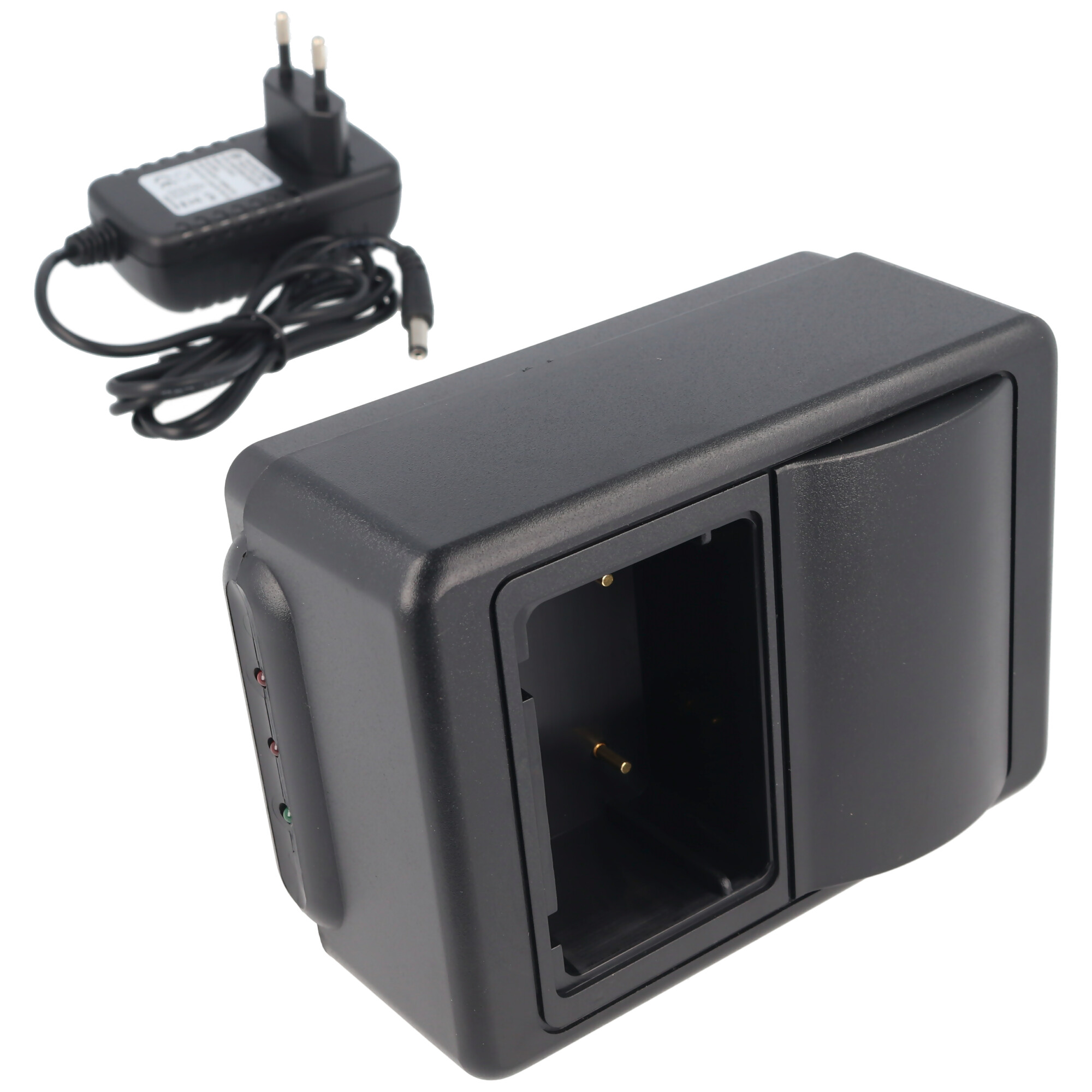 Schwarzes Ladegerät-Set mit Adapter und Ladestation mit Steckplatz. Rote und grüne Lichter.