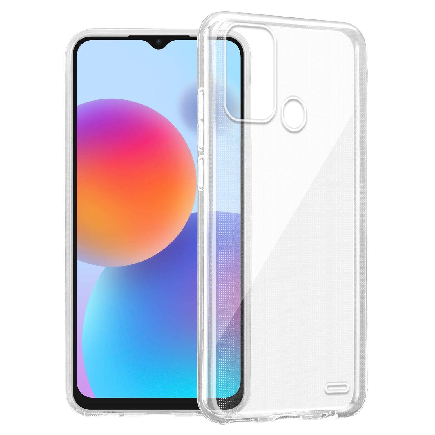 Custodia trasparente e telefono su sfondo bianco, che mostra uno schermo colorato.