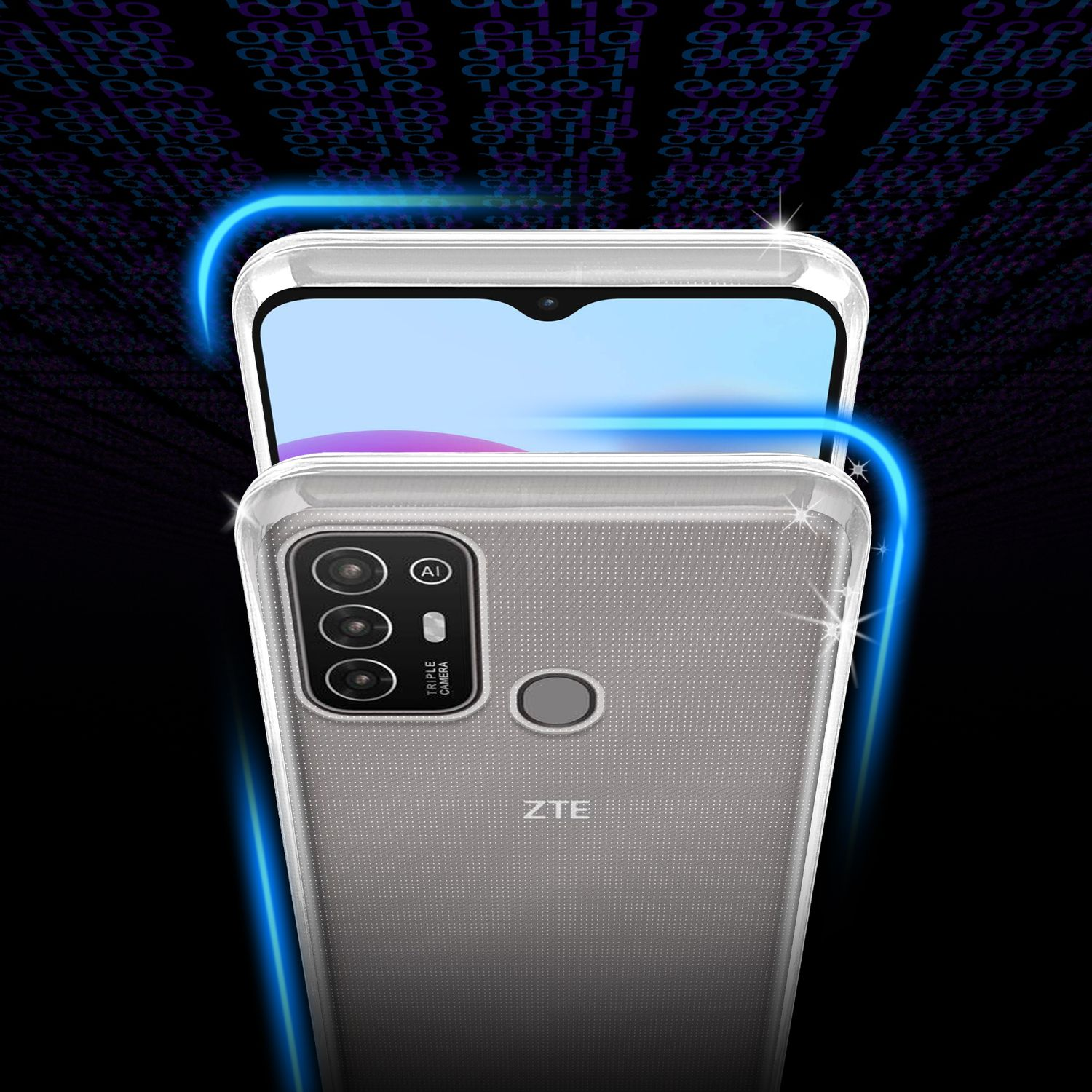 Primo piano di un telefono in una custodia. Il telefono ha una tripla fotocamera.