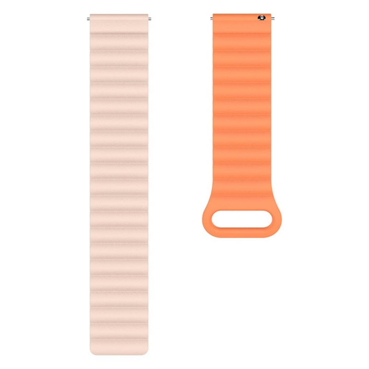 Zwei Smartwatch-Armbänder. Eins rosa, eins orange. Beide mit Magnetverschluss.