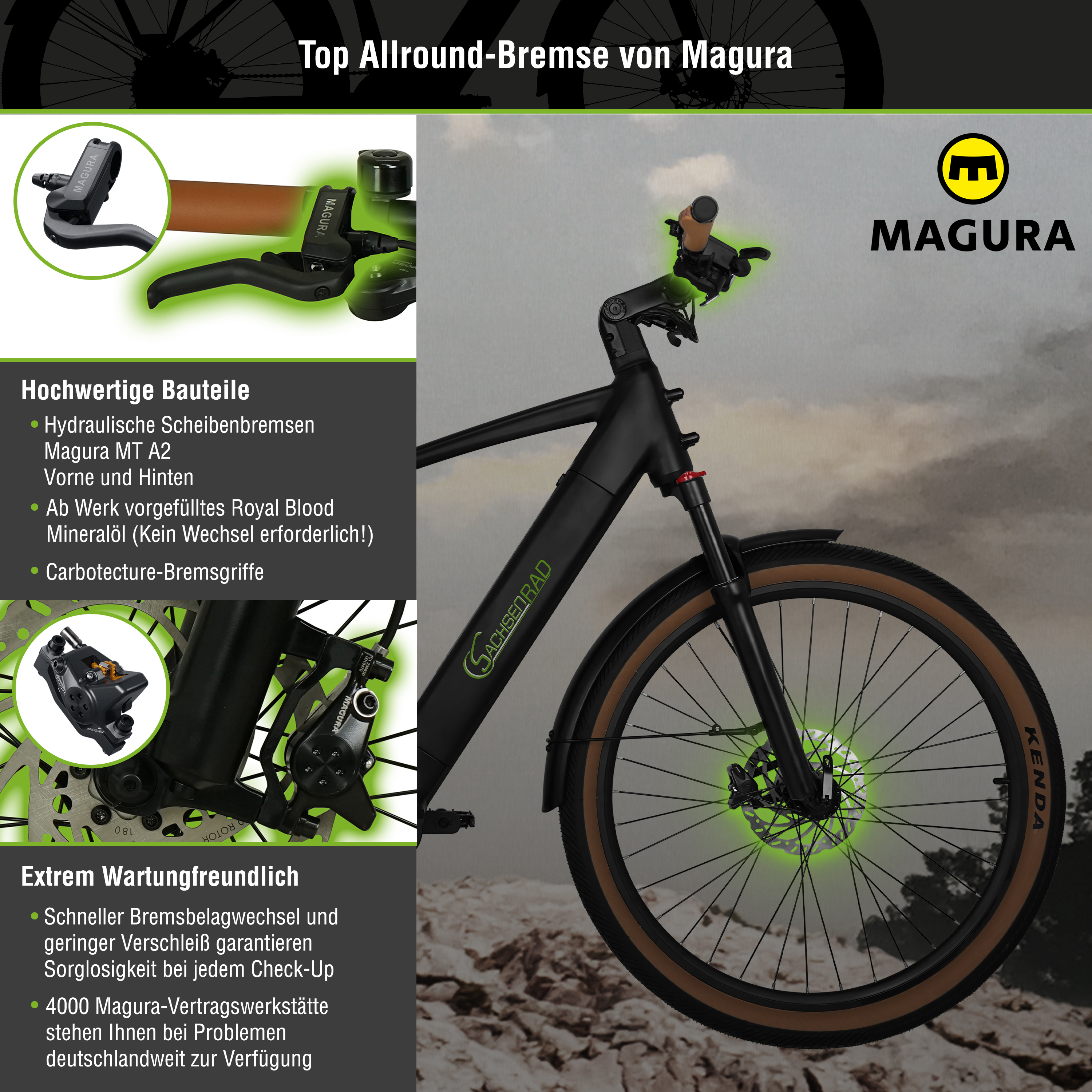 Mountainbike mit Text: 'Top Allround-Bremse von Magura'. Details zu Fahrradkomponenten hervorgehoben.
