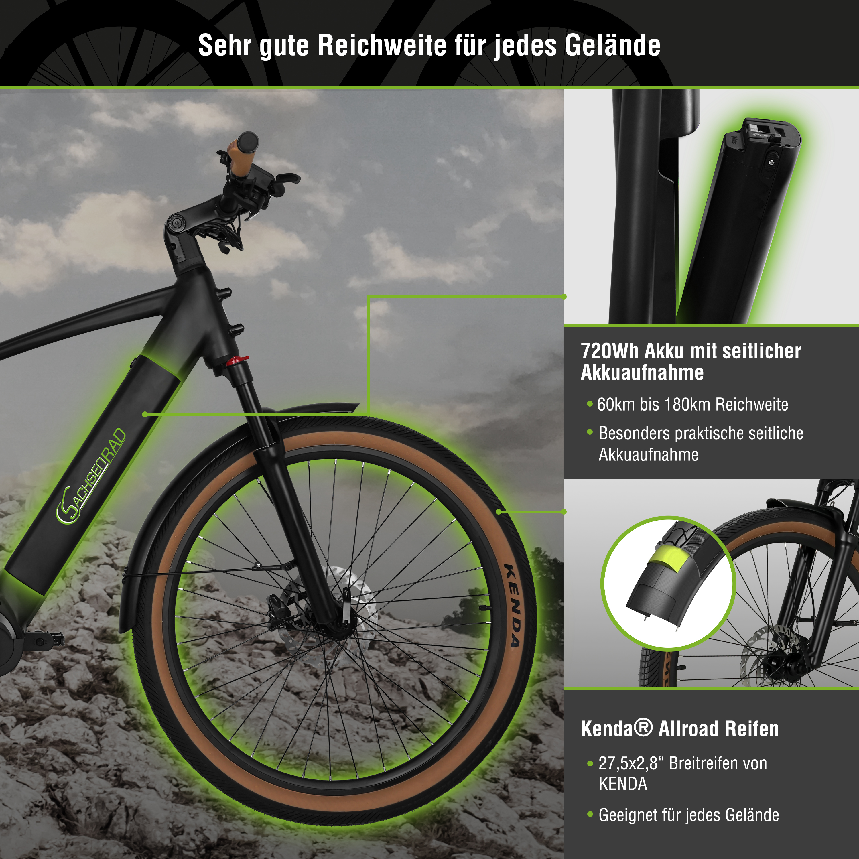 Schwarzes Elektrofahrrad mit Textdetails. Braune Reifen und grüne Akzente. Deutscher Text.