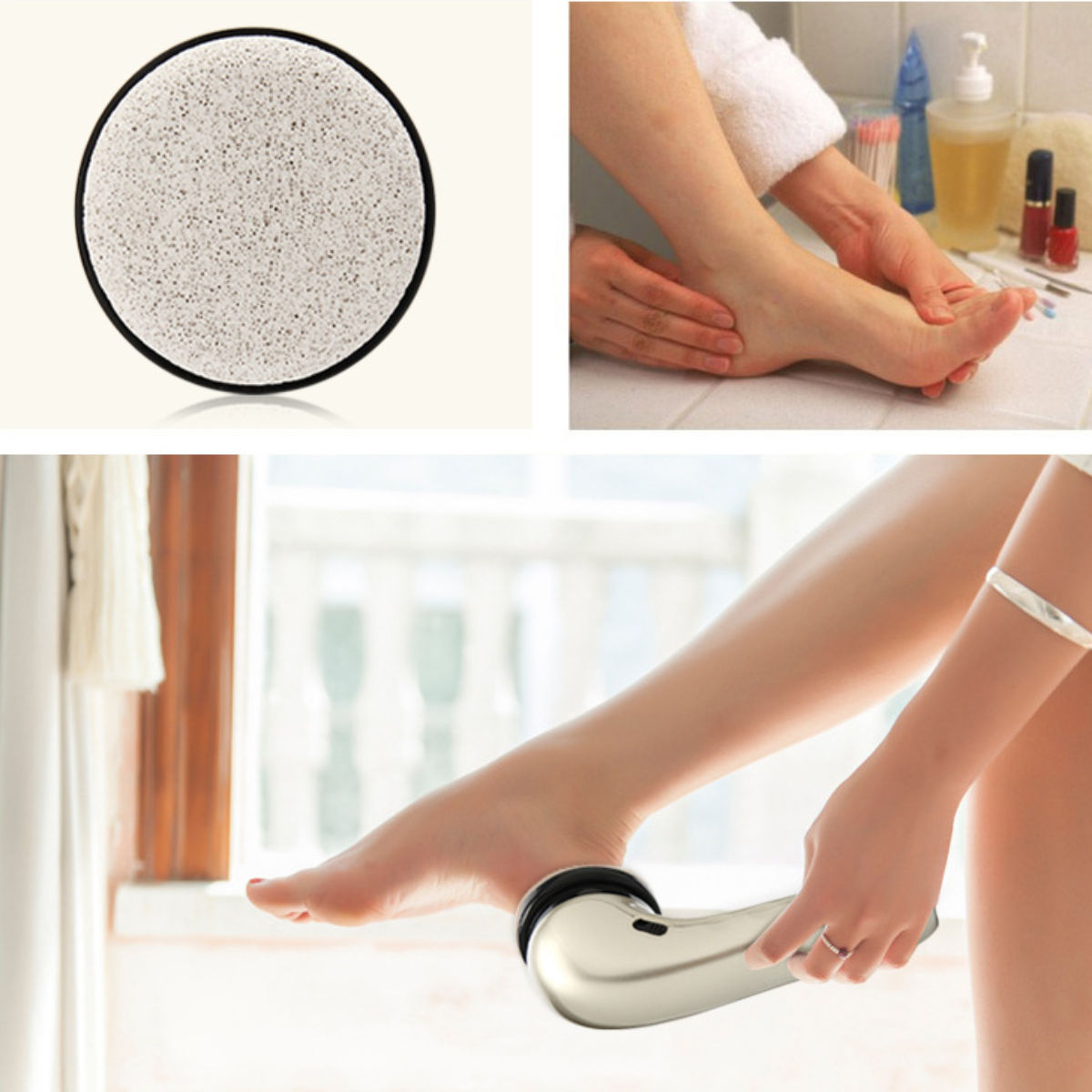 Collage von Fußpflegeartikeln: Bimsstein, Fußmassage und elektrischer Fußmassagegerät.