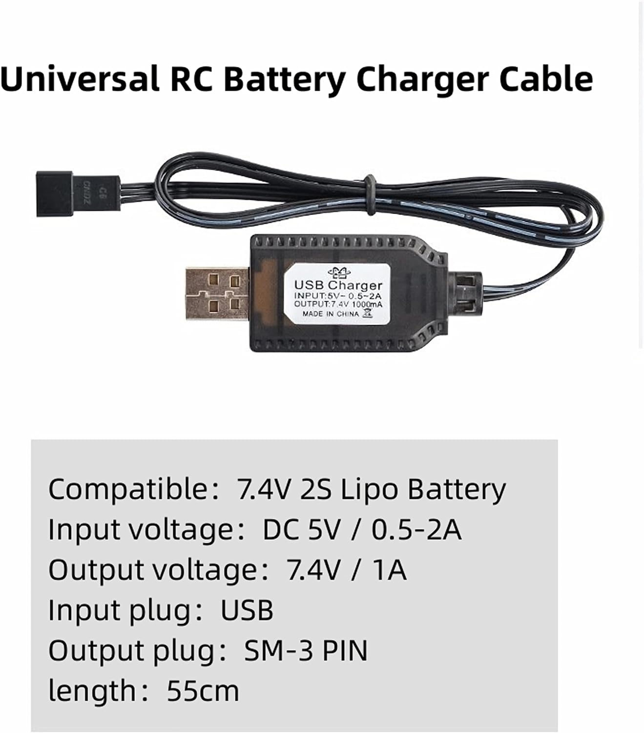 USB-Ladekabel mit technischen Daten unten: Eingangsspannung: DC 5V/0,5-2A, Ausgang 7,4V/1A.