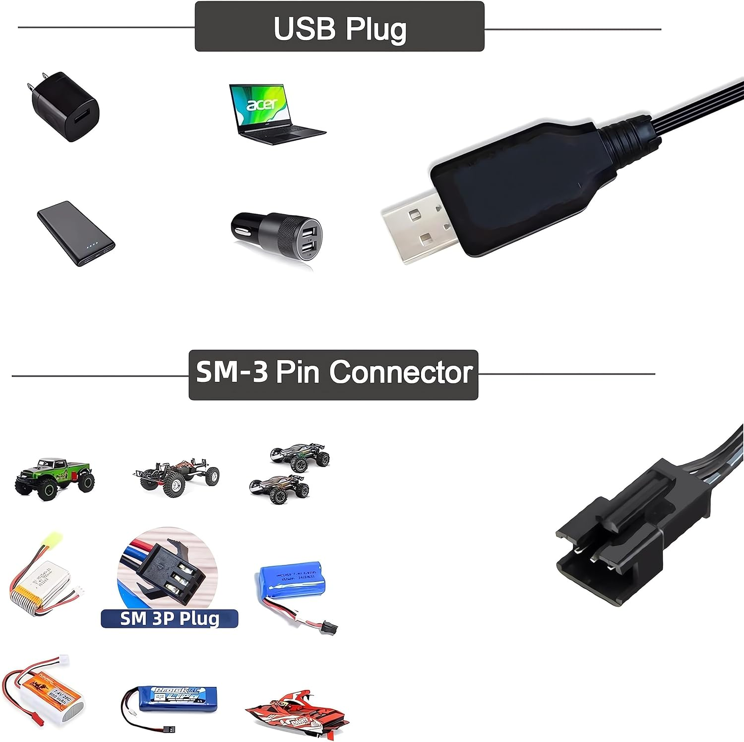 Verschiedene Anschlüsse: USB-Stecker, SM-3-Pin-Stecker und andere. Für elektronische Geräte.